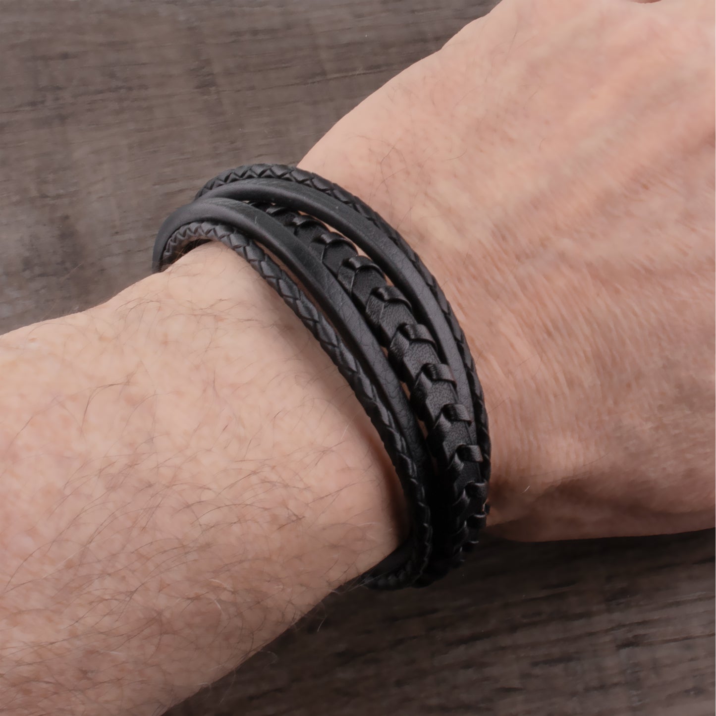 Stainless Steel Men's Bracelet with Black Braided Leather -SSLB099