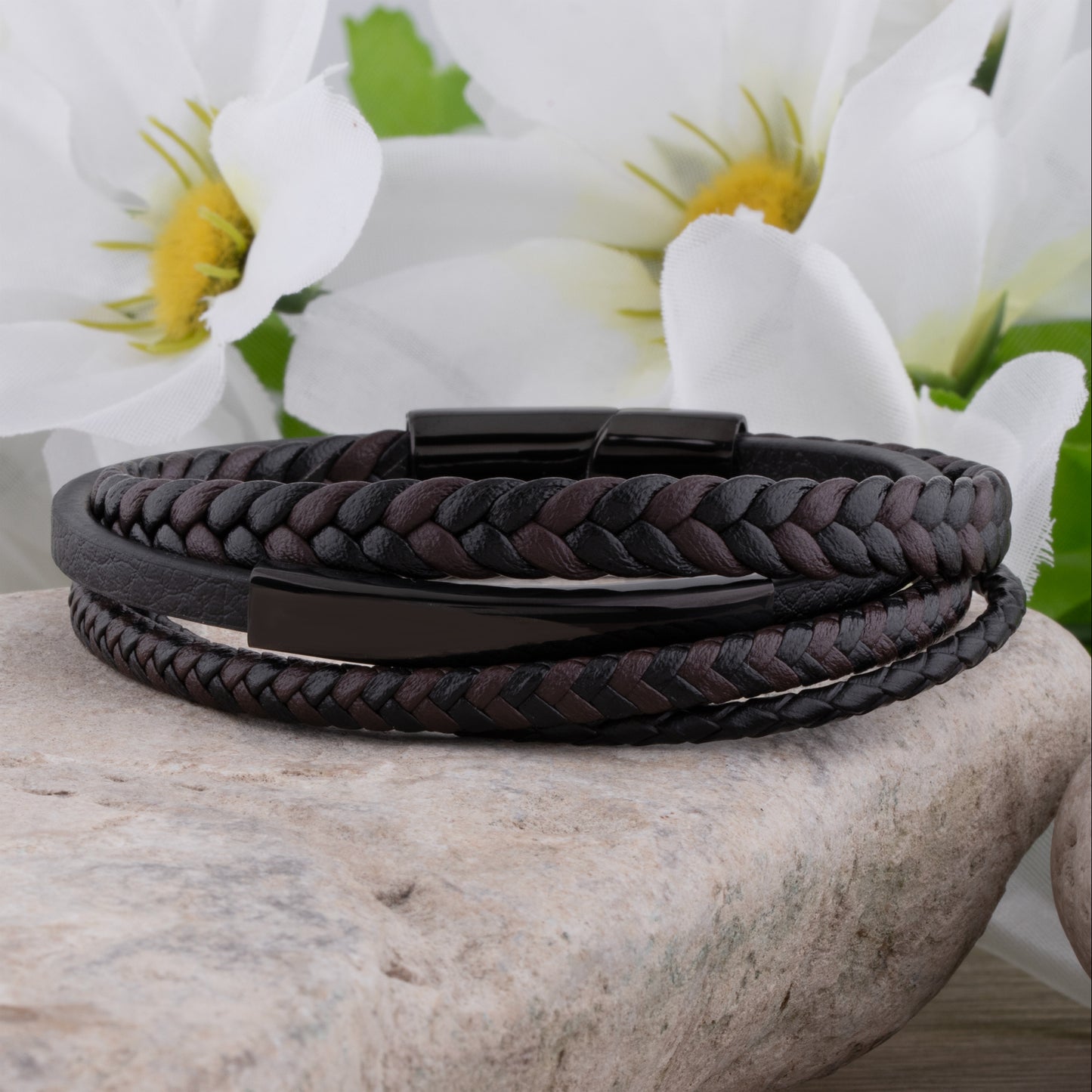 Stainless Steel Men's Black Braided Leather Bracelet with Engraving Plate - SSLB103