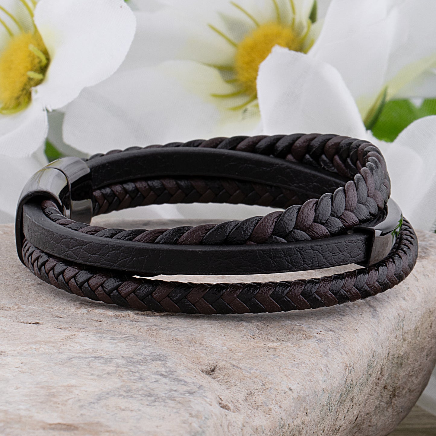 Stainless Steel Men's Black Braided Leather Bracelet with Engraving Plate - SSLB103
