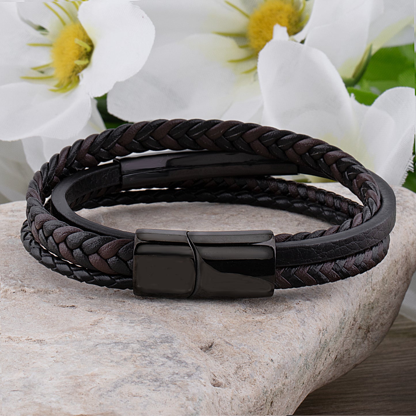 Stainless Steel Men's Black Braided Leather Bracelet with Engraving Plate - SSLB103