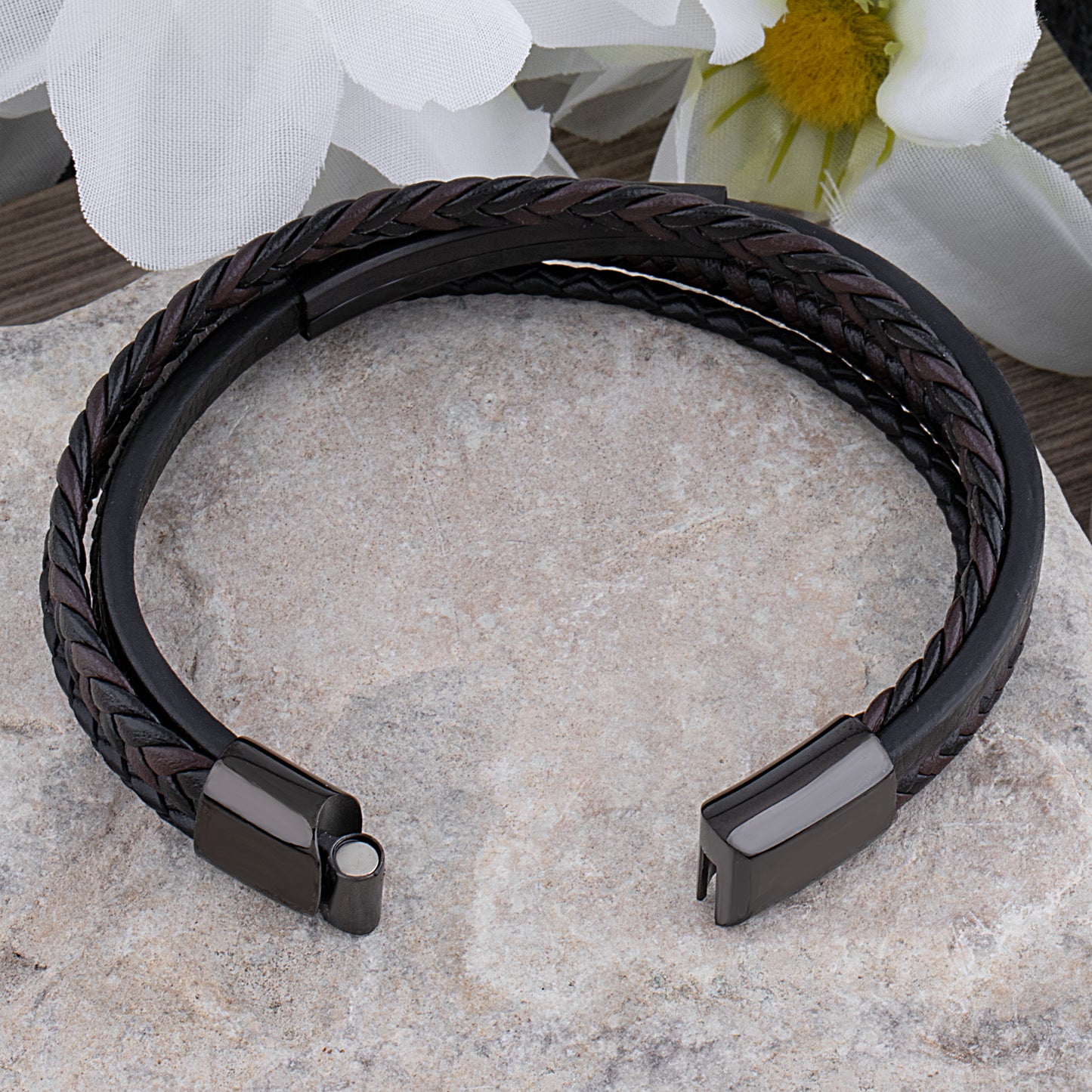 Stainless Steel Men's Black Braided Leather Bracelet with Engraving Plate - SSLB103