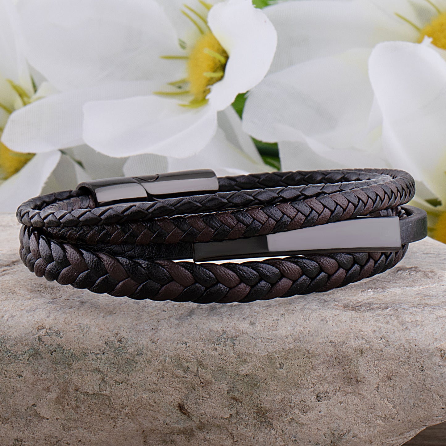 Stainless Steel Men's Black Braided Leather Bracelet with Engraving Plate - SSLB103