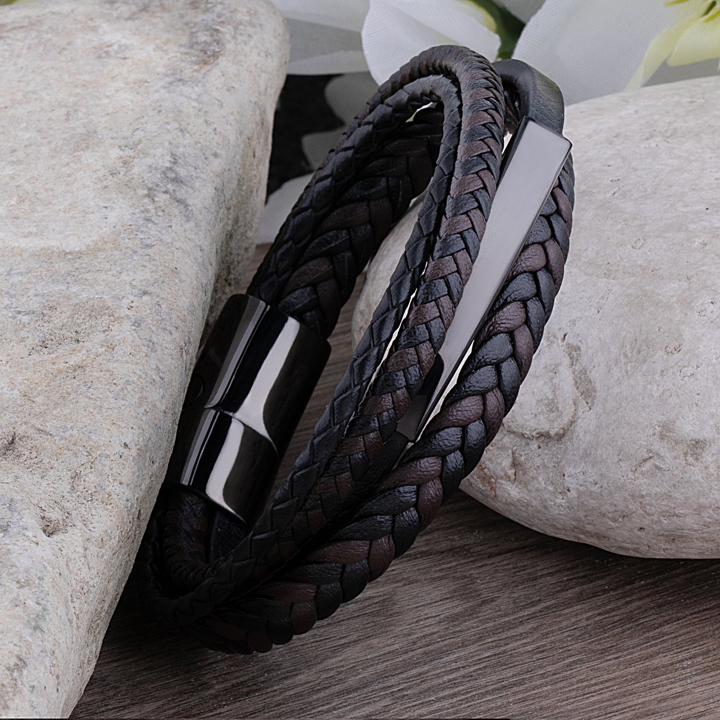 Stainless Steel Men's Black Braided Leather Bracelet with Engraving Plate - SSLB103