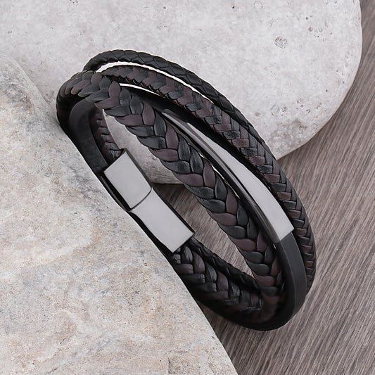 Stainless Steel Men's Black Braided Leather Bracelet with Engraving Plate - SSLB103