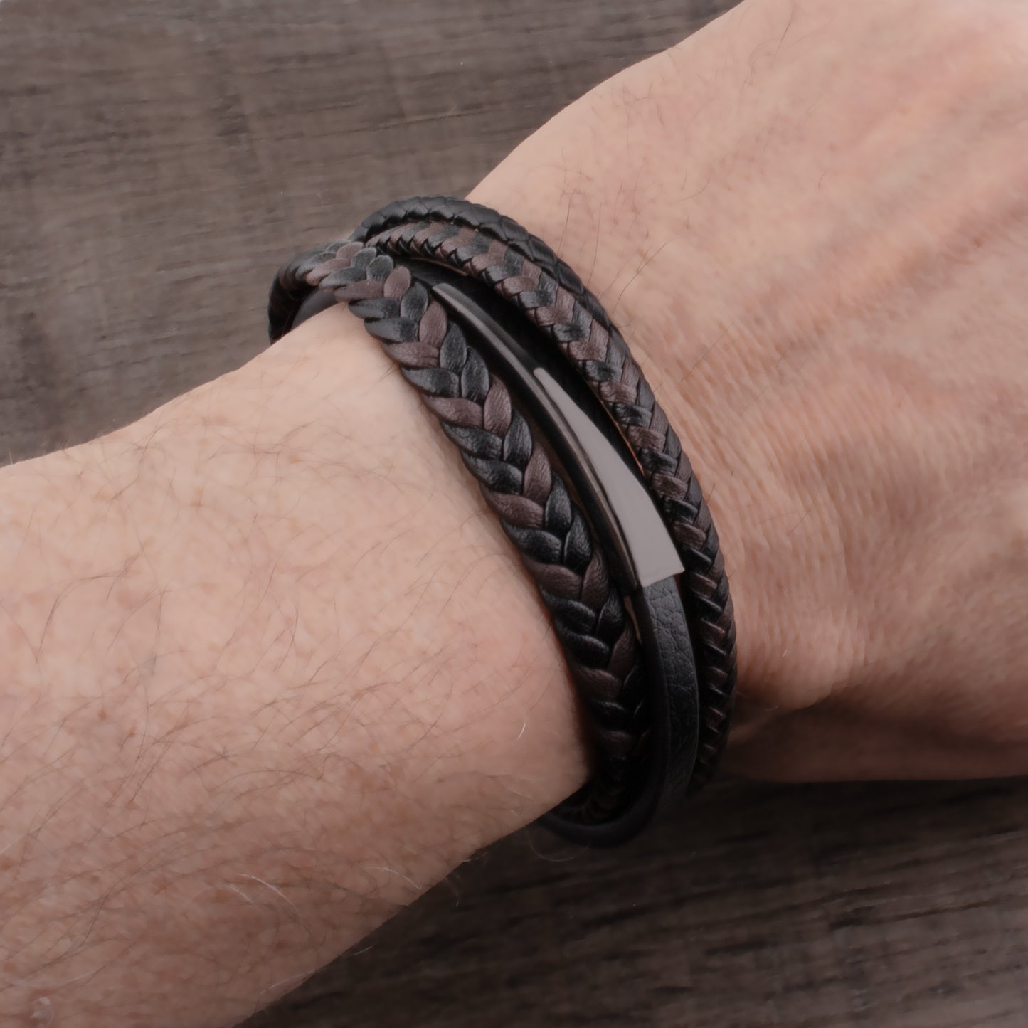 Stainless Steel Men's Black Braided Leather Bracelet with Engraving Plate - SSLB103