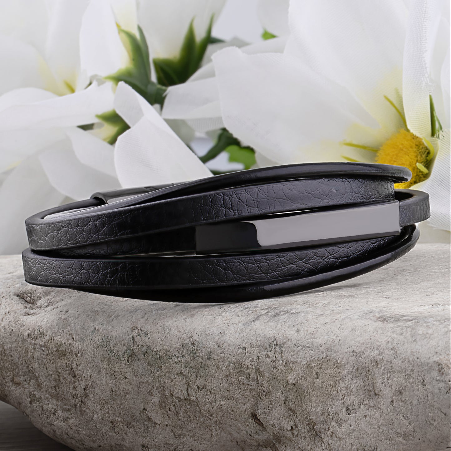 Black Stainless Steel Men's Soft Leather Bracelet with Engraving Plate - SSLB114