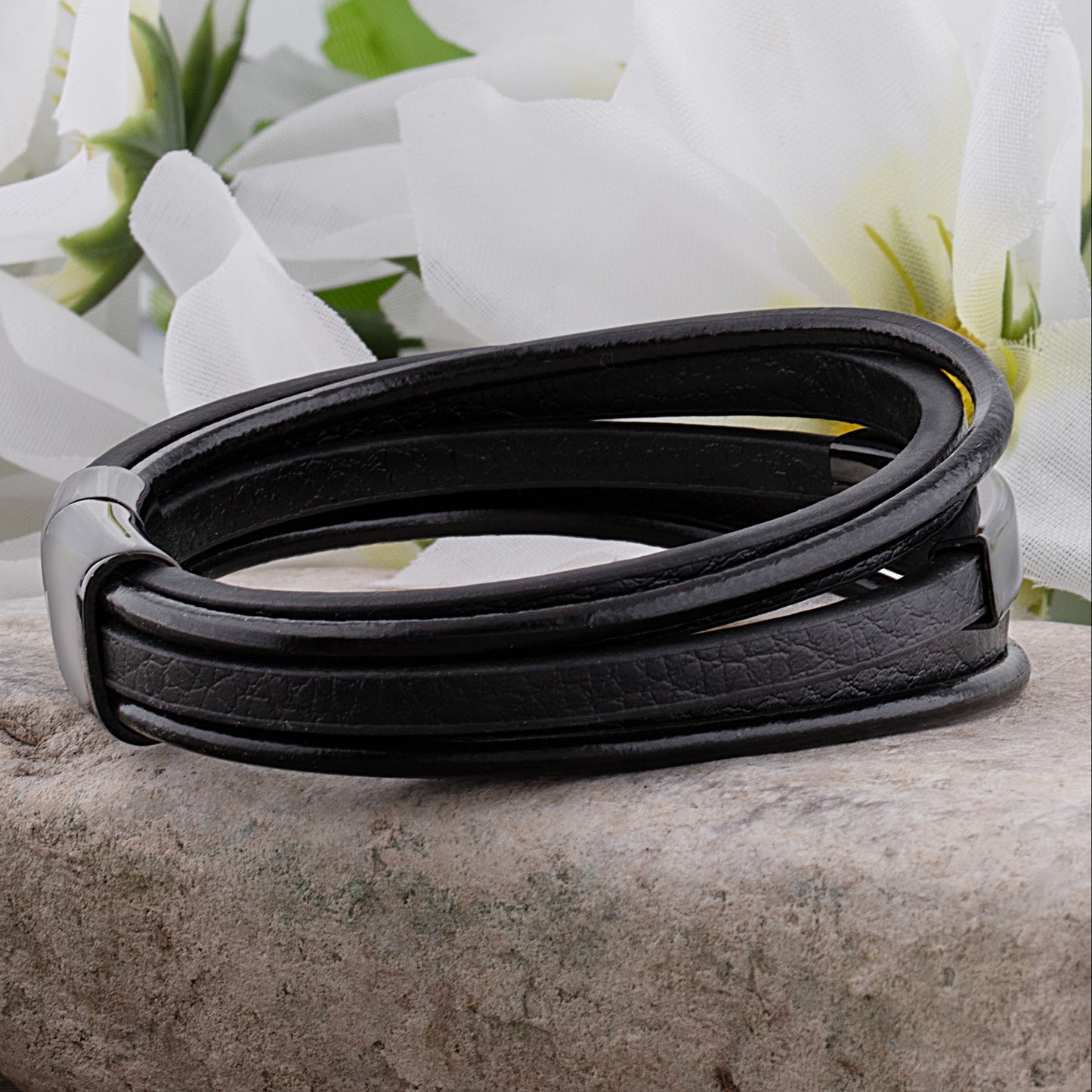 Black Stainless Steel Men's Soft Leather Bracelet with Engraving Plate - SSLB114