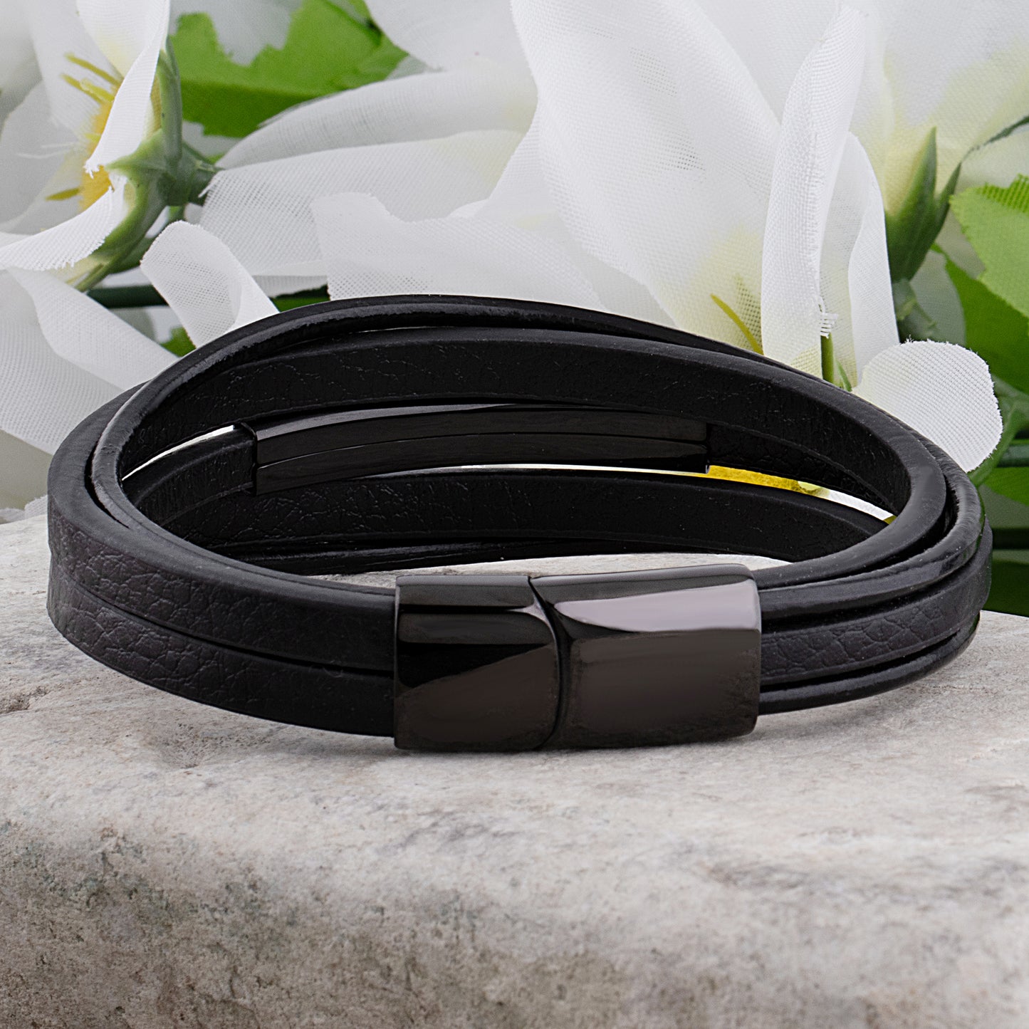 Black Stainless Steel Men's Soft Leather Bracelet with Engraving Plate - SSLB114