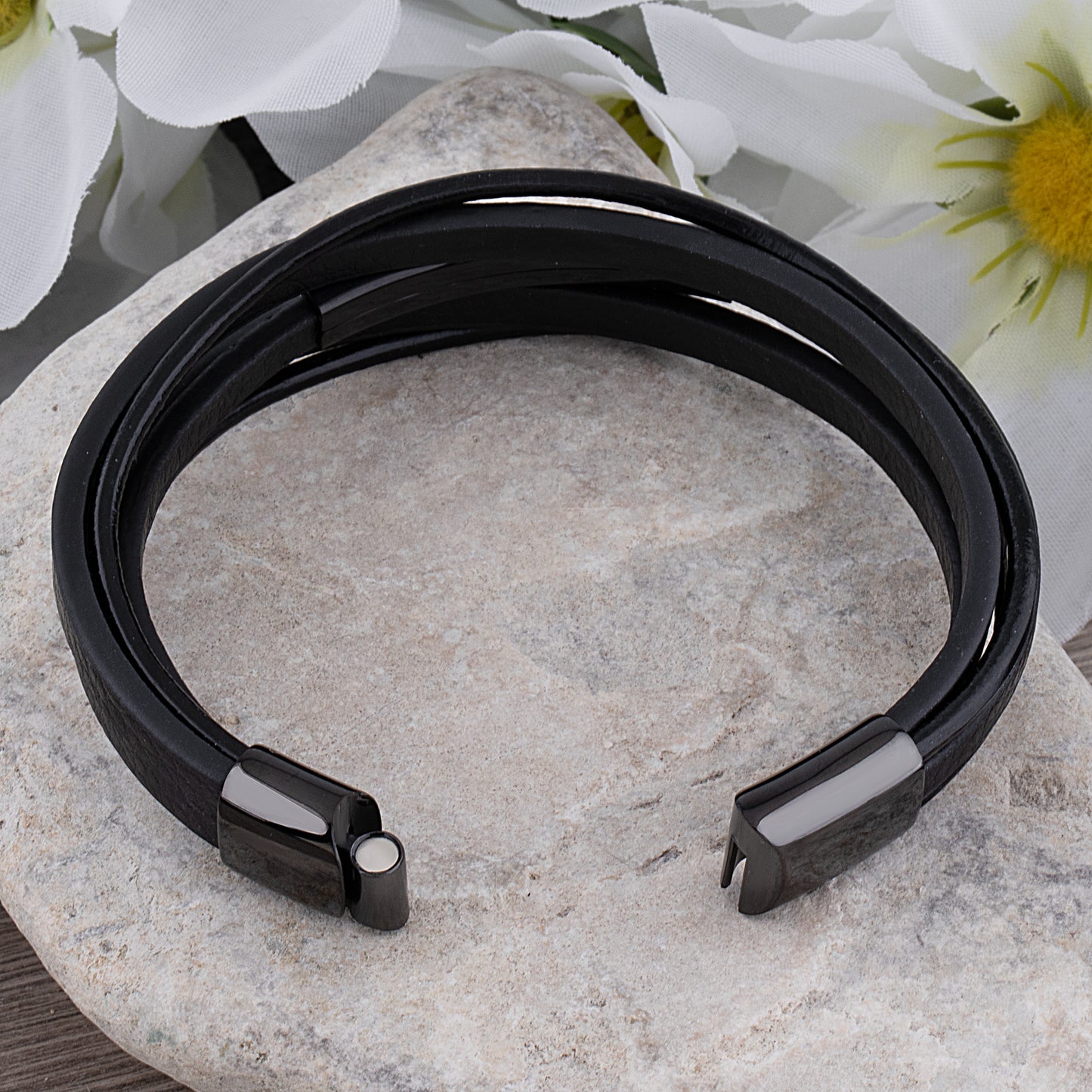 Black Stainless Steel Men's Soft Leather Bracelet with Engraving Plate - SSLB114