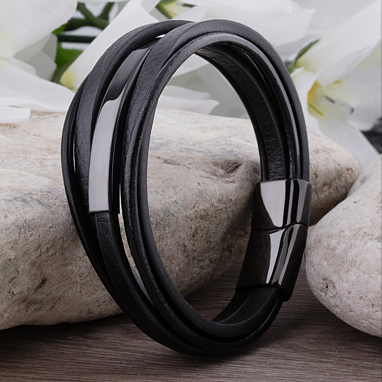 Black Stainless Steel Men's Soft Leather Bracelet with Engraving Plate - SSLB114
