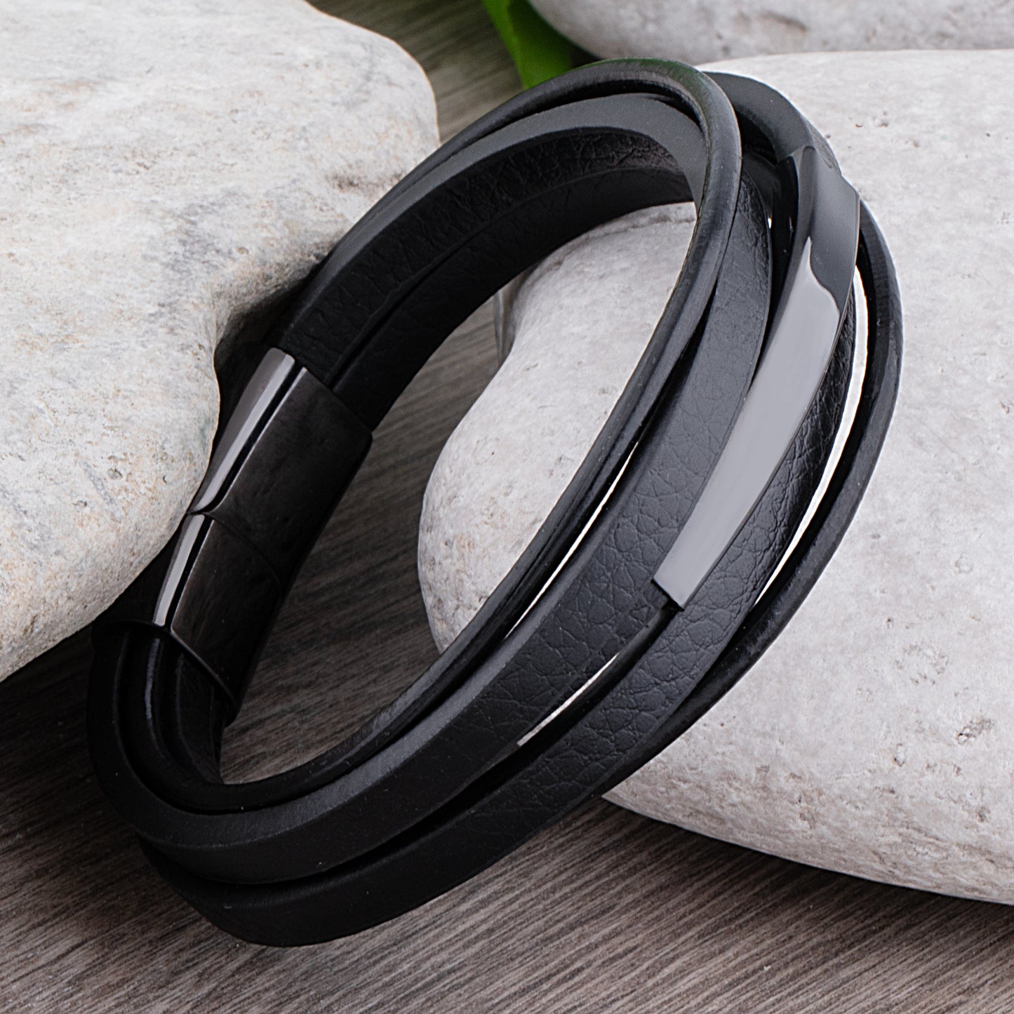 Black Stainless Steel Men's Soft Leather Bracelet with Engraving Plate - SSLB114