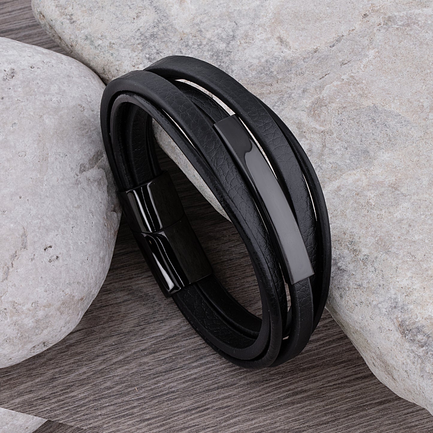 Black Stainless Steel Men's Soft Leather Bracelet with Engraving Plate - SSLB114