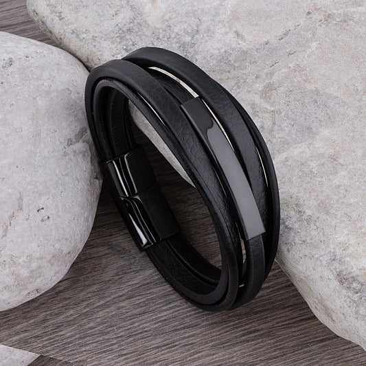Black Stainless Steel Men's Soft Leather Bracelet with Engraving Plate - SSLB114