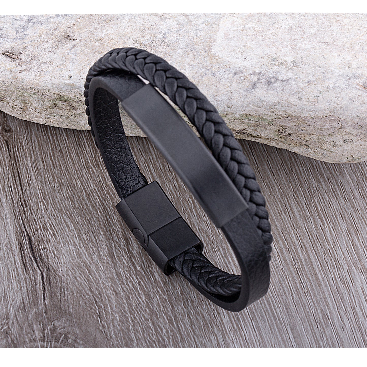 Men's Stainless Steel Black Leather Bracelet With Black Engraving Plate - SSLB118BK
