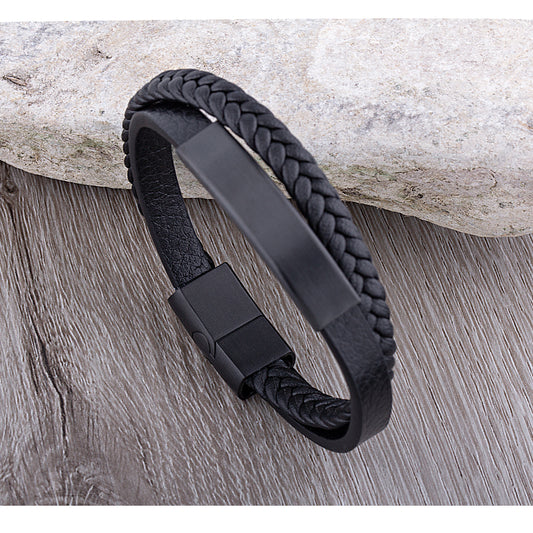 Men's Stainless Steel Black Leather Bracelet With Black Engraving Plate - SSLB118BK