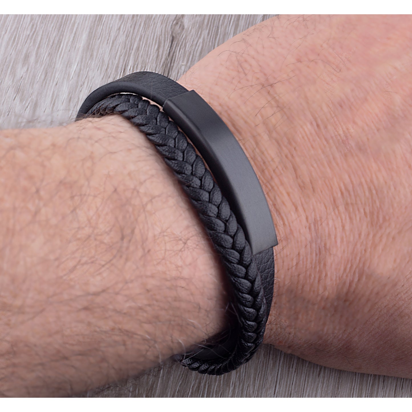 Men's Stainless Steel Black Leather Bracelet With Black Engraving Plate - SSLB118BK