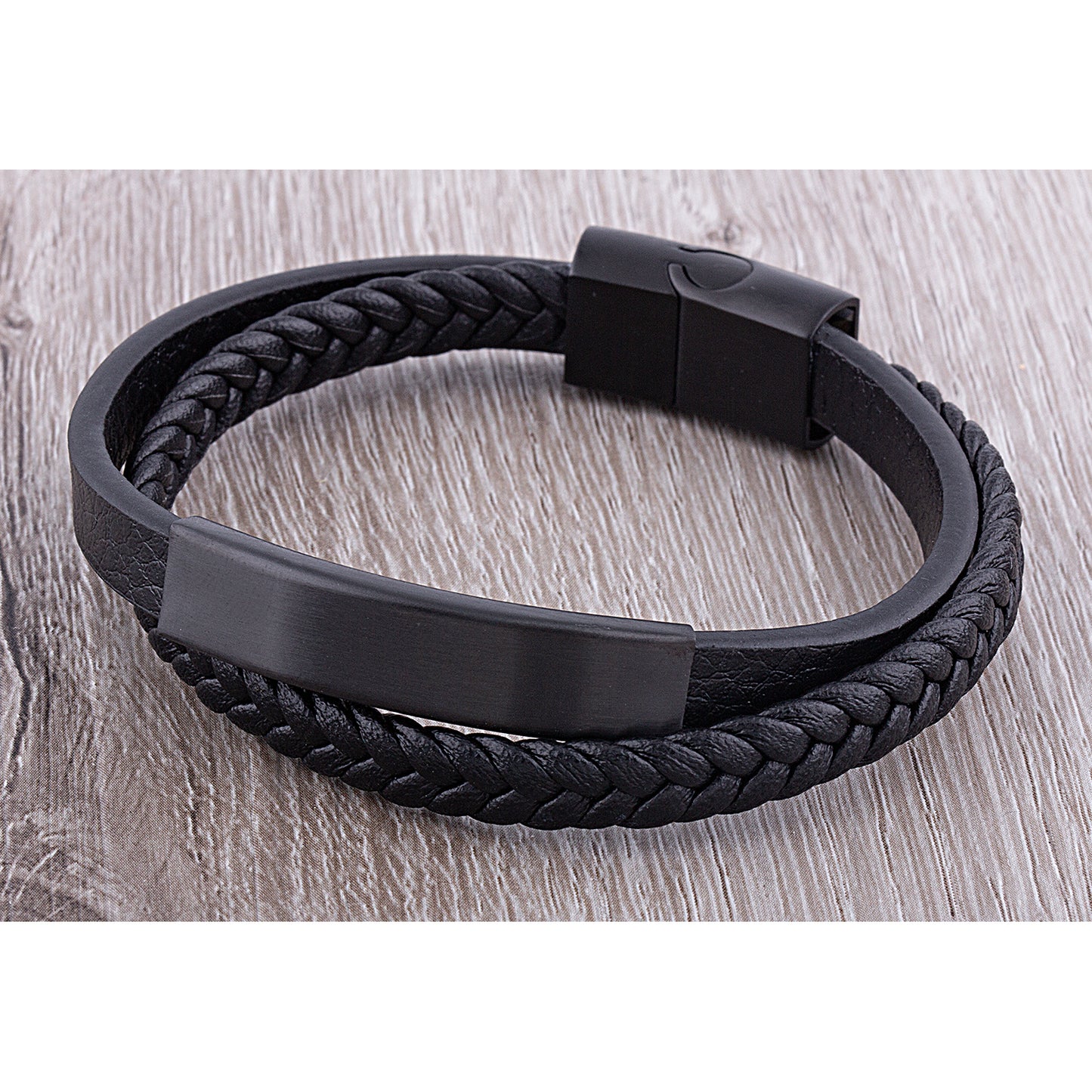 Men's Stainless Steel Black Leather Bracelet With Black Engraving Plate - SSLB118BK