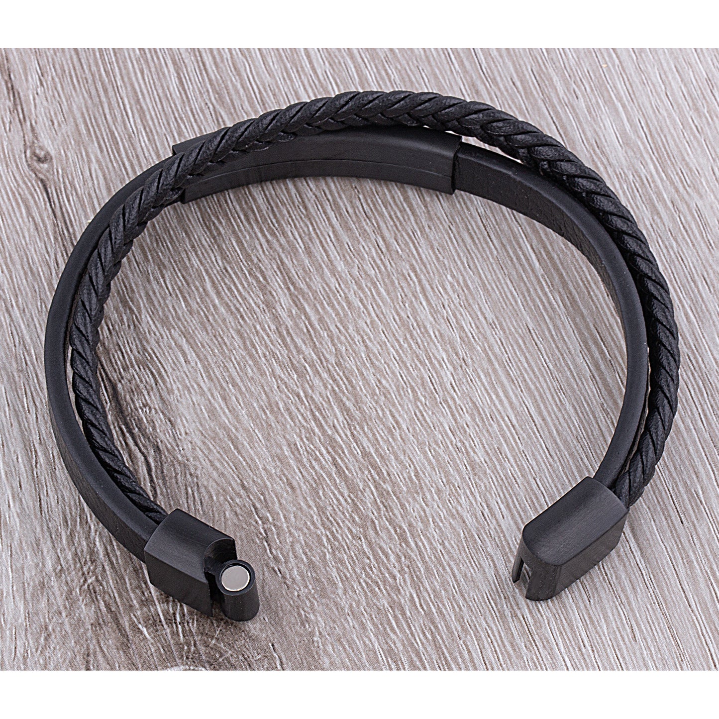 Men's Stainless Steel Black Leather Bracelet With Black Engraving Plate - SSLB118BK