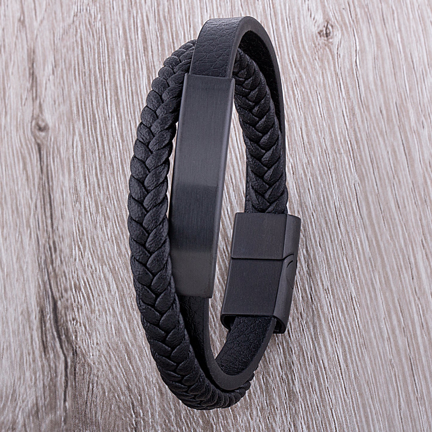 Men's Stainless Steel Black Leather Bracelet With Black Engraving Plate - SSLB118BK