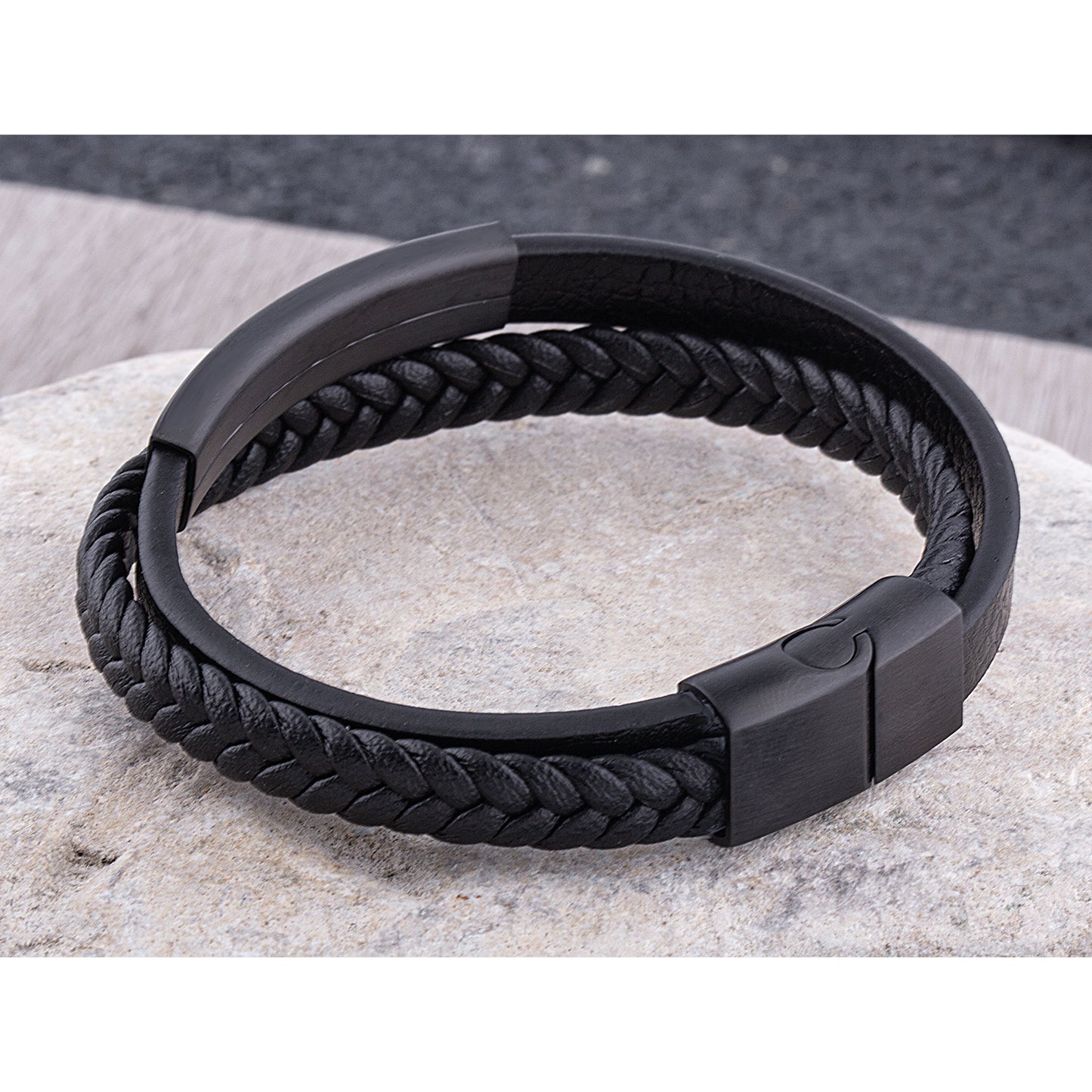 Men's Stainless Steel Black Leather Bracelet With Black Engraving Plate - SSLB118BK