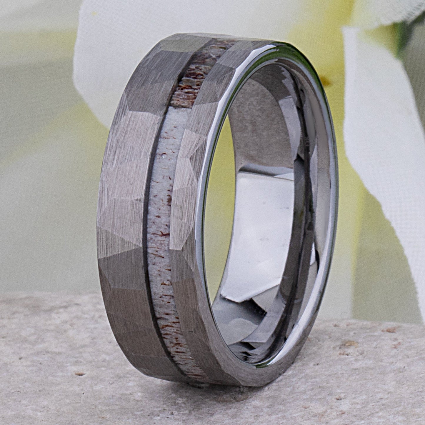 Faceted Tungsten Ring with Deer Antler Inlay - 8mm Width