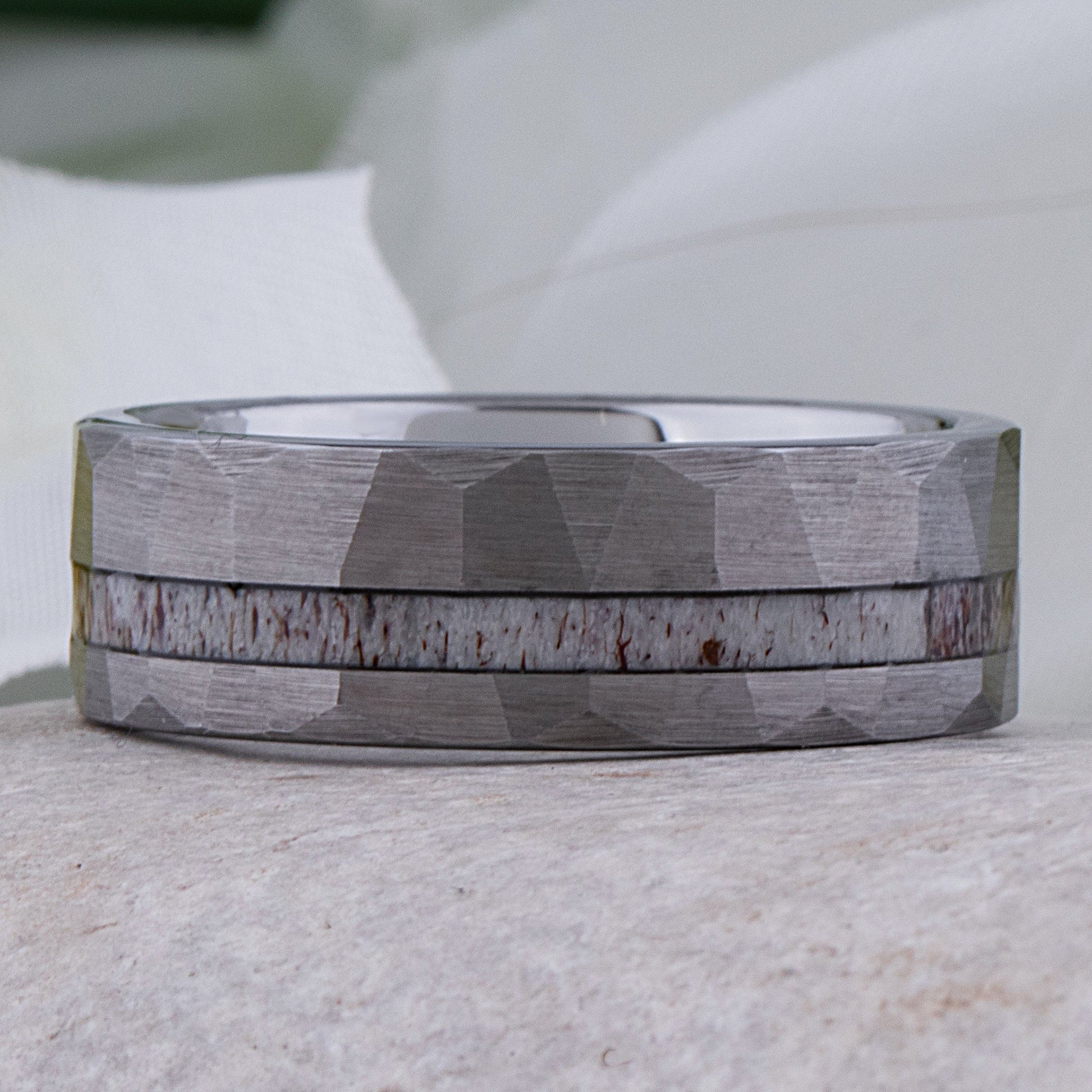Faceted Tungsten Ring with Deer Antler Inlay - 8mm Width