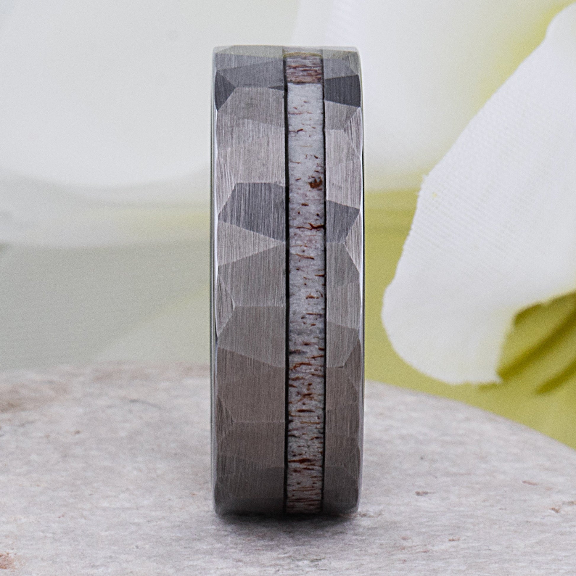 Faceted Tungsten Ring with Deer Antler Inlay - 8mm Width