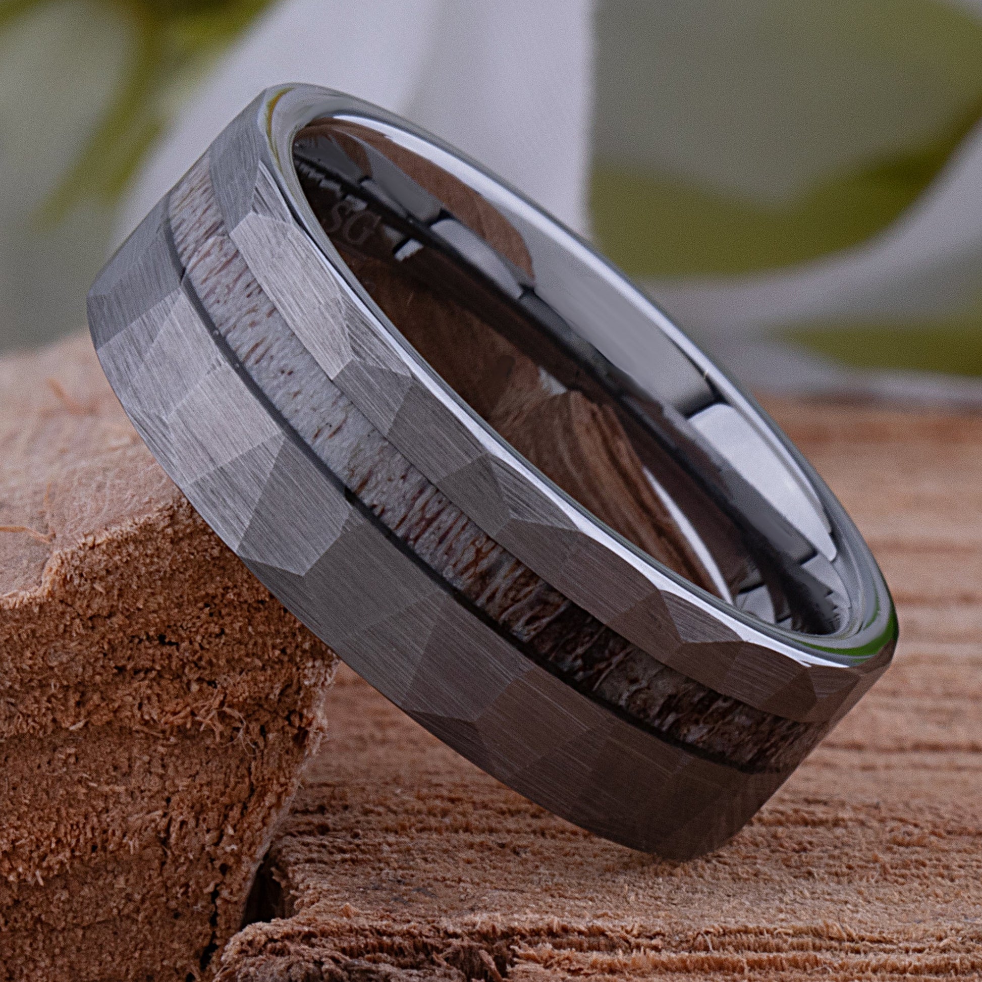 Faceted Tungsten Ring with Deer Antler Inlay - 8mm Width