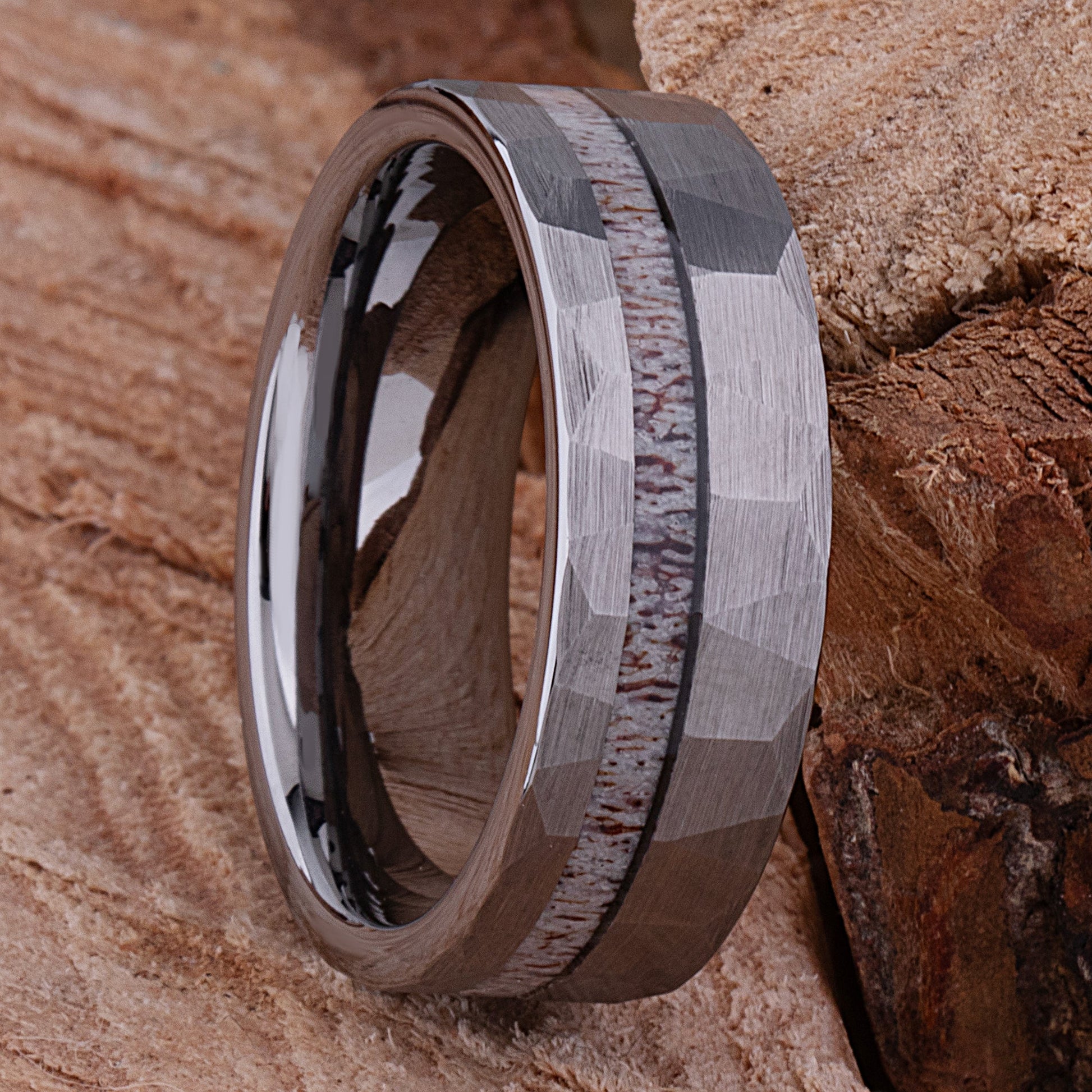 Faceted Tungsten Ring with Deer Antler Inlay - 8mm Width