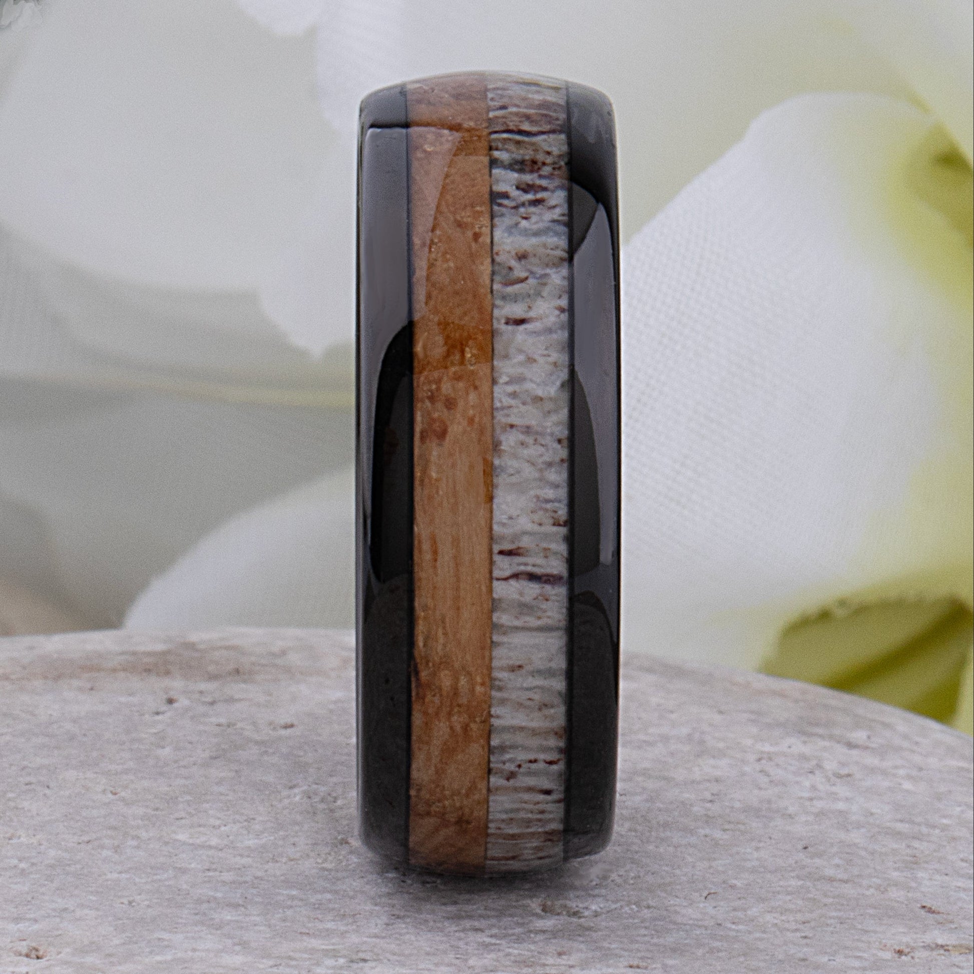Black Tungsten Ring with Whiskey Barrel Wood and Deer Antler Inlay - 8mm Width