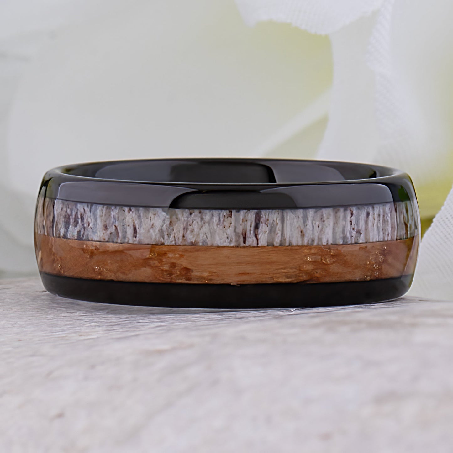 Black Tungsten Ring with Whiskey Barrel Wood and Deer Antler Inlay - 8mm Width