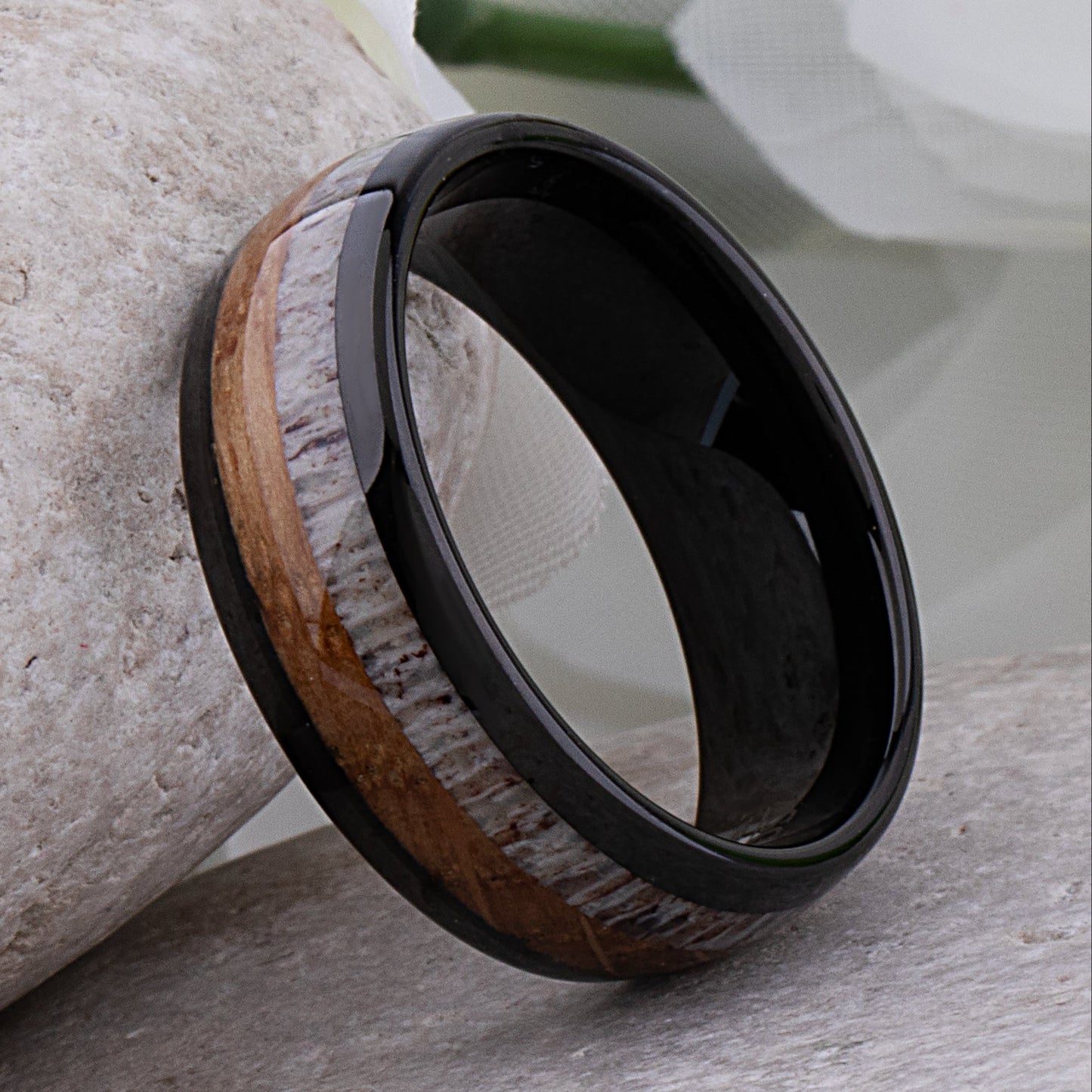 Black Tungsten Ring with Whiskey Barrel Wood and Deer Antler Inlay - 8mm Width