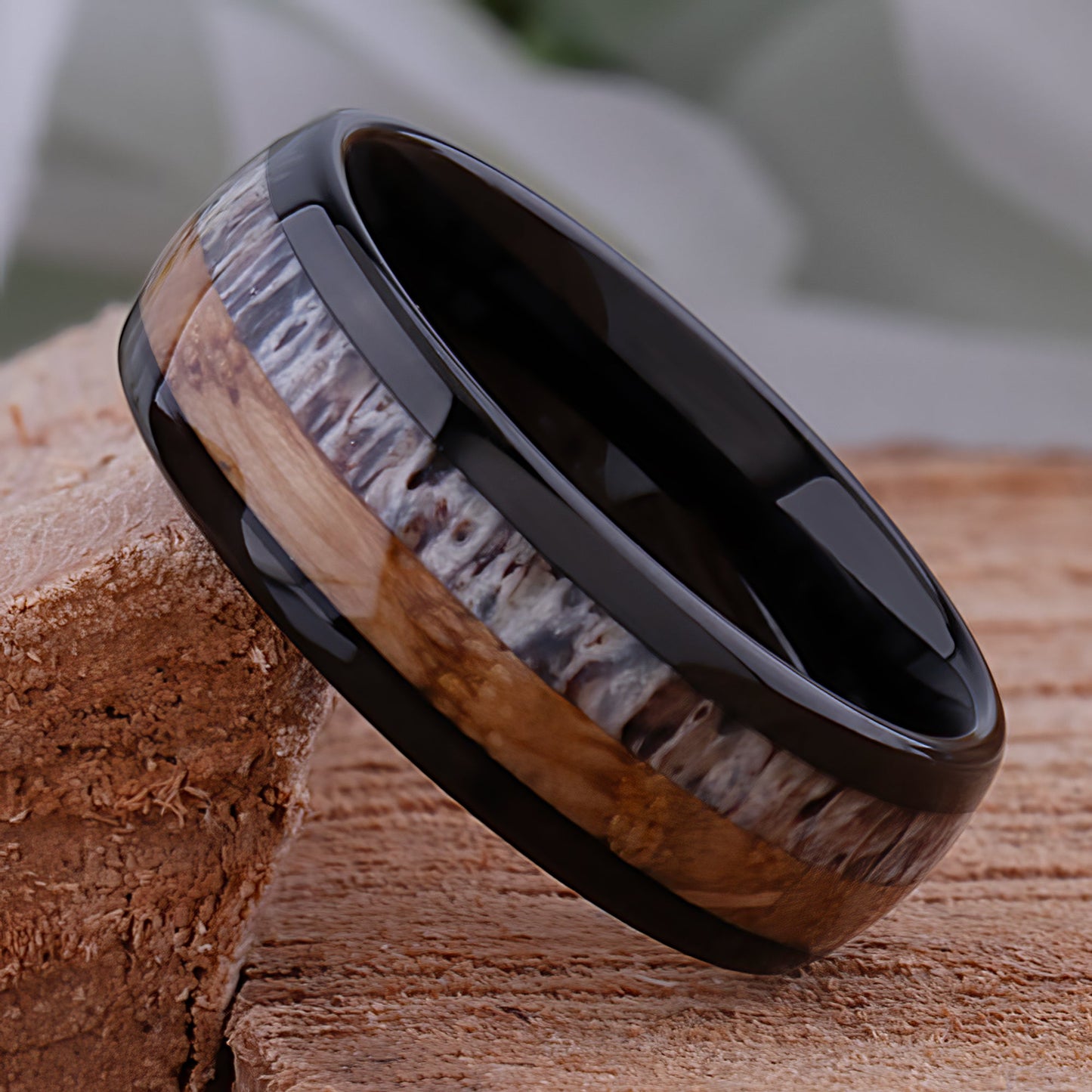 Black Tungsten Ring with Whiskey Barrel Wood and Deer Antler Inlay - 8mm Width
