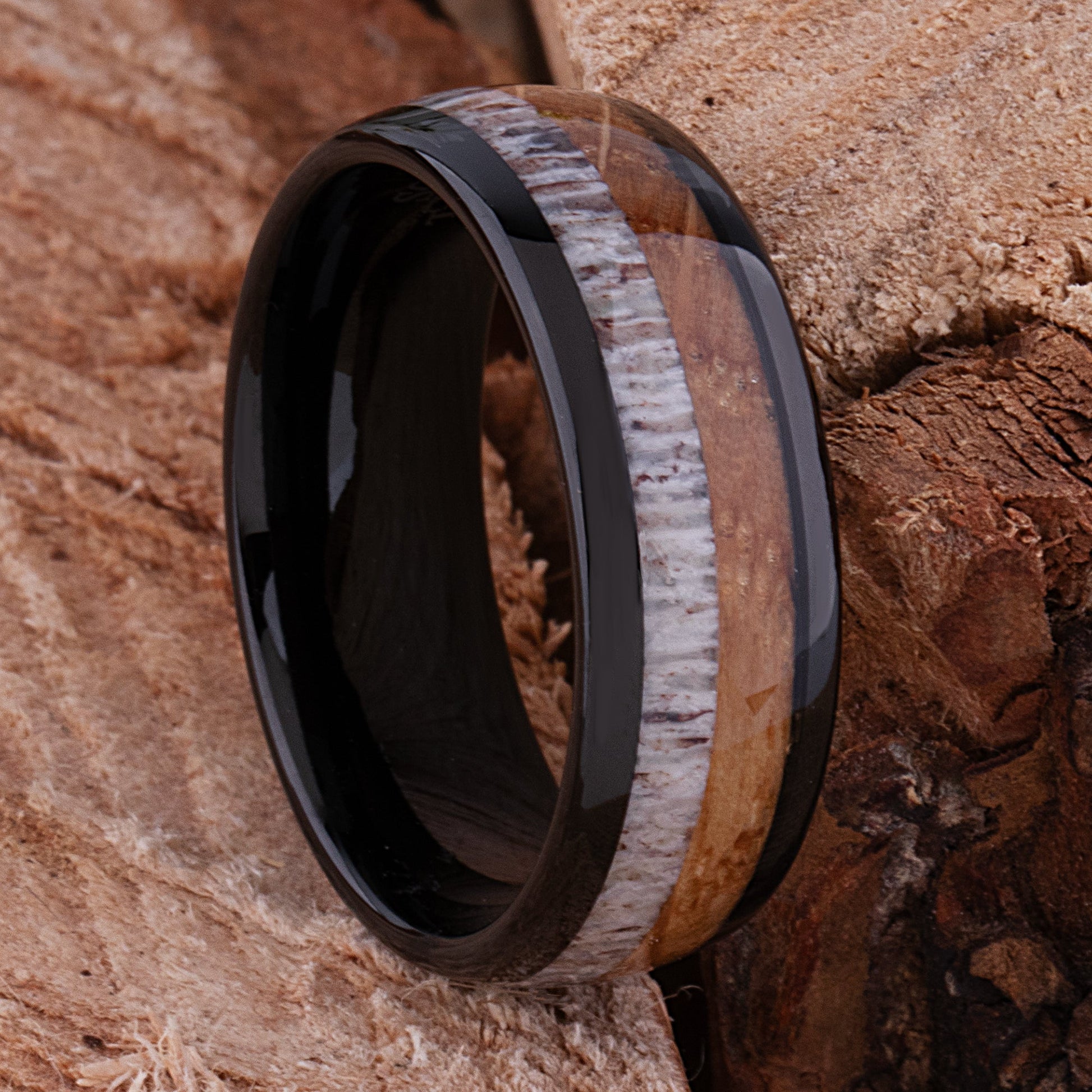 Black Tungsten Ring with Whiskey Barrel Wood and Deer Antler Inlay - 8mm Width