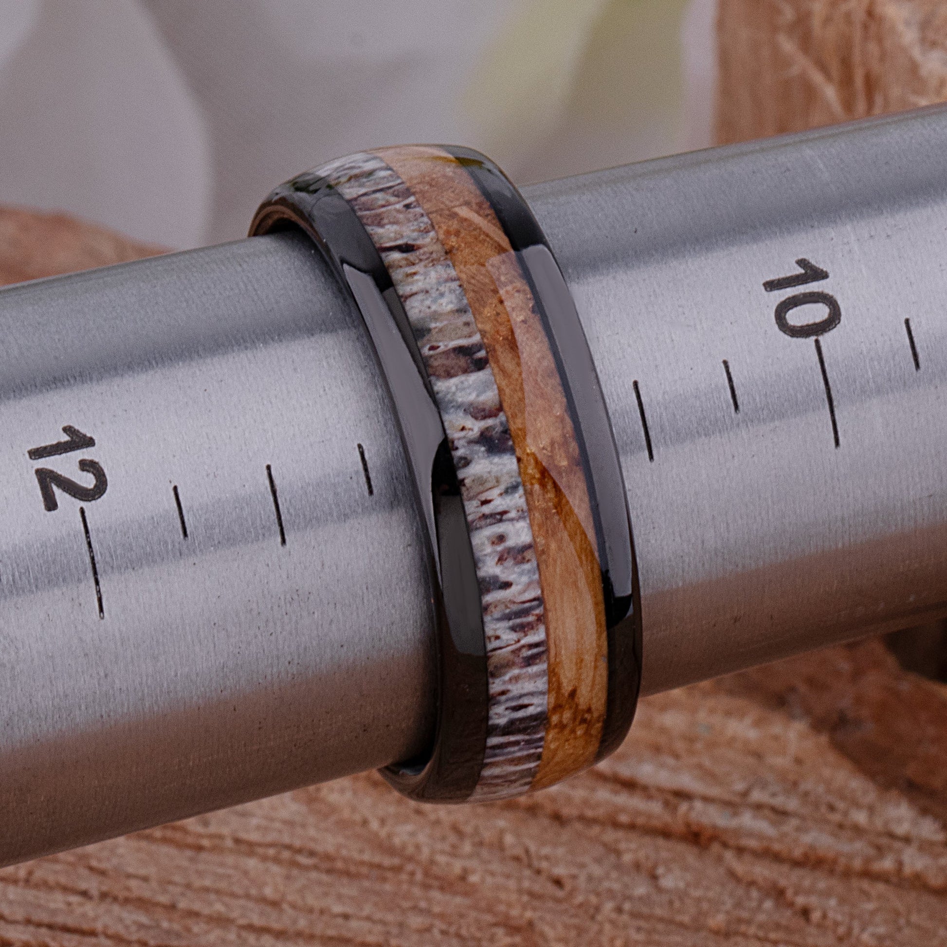 Black Tungsten Ring with Whiskey Barrel Wood and Deer Antler Inlay - 8mm Width