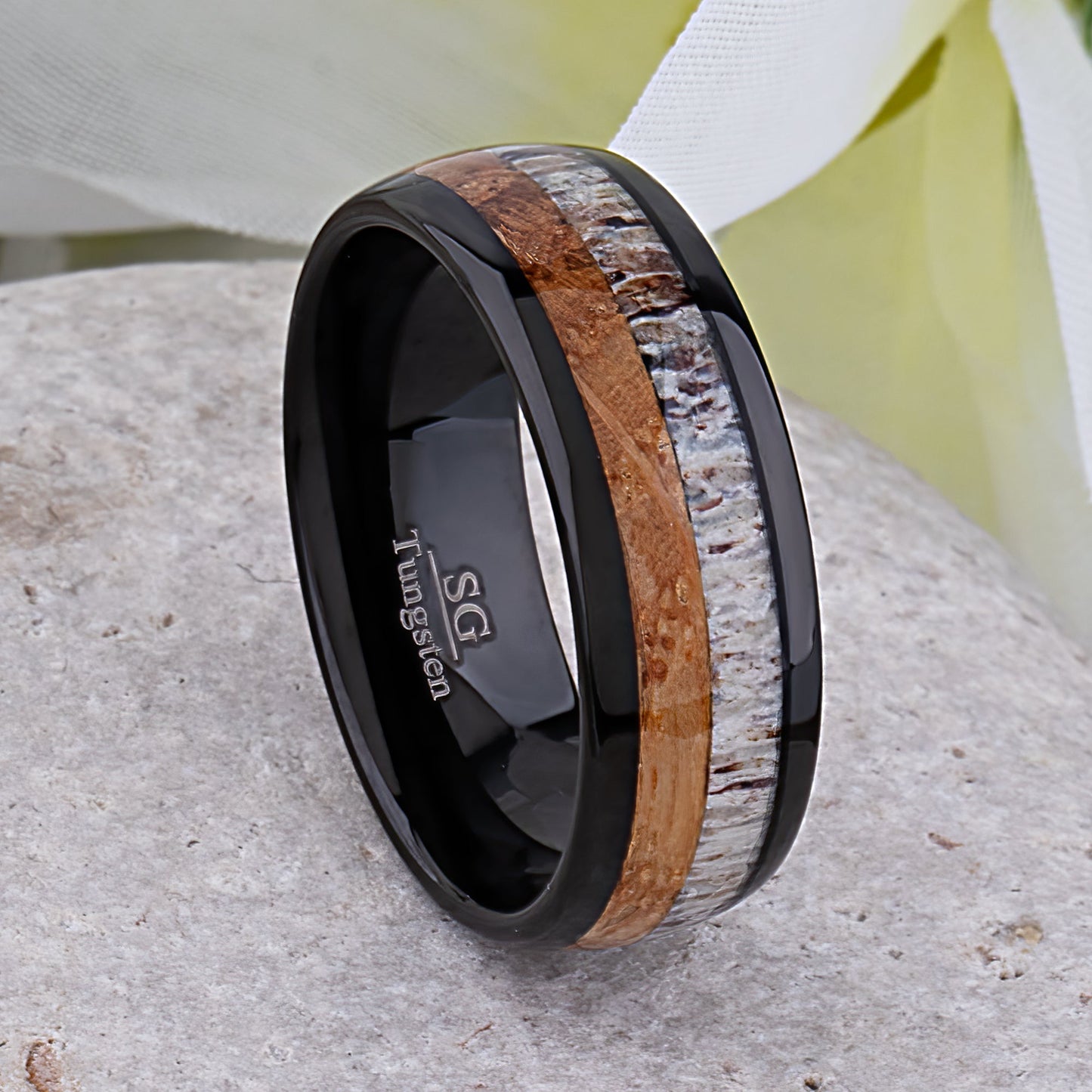 Black Tungsten Ring with Whiskey Barrel Wood and Deer Antler Inlay - 8mm Width