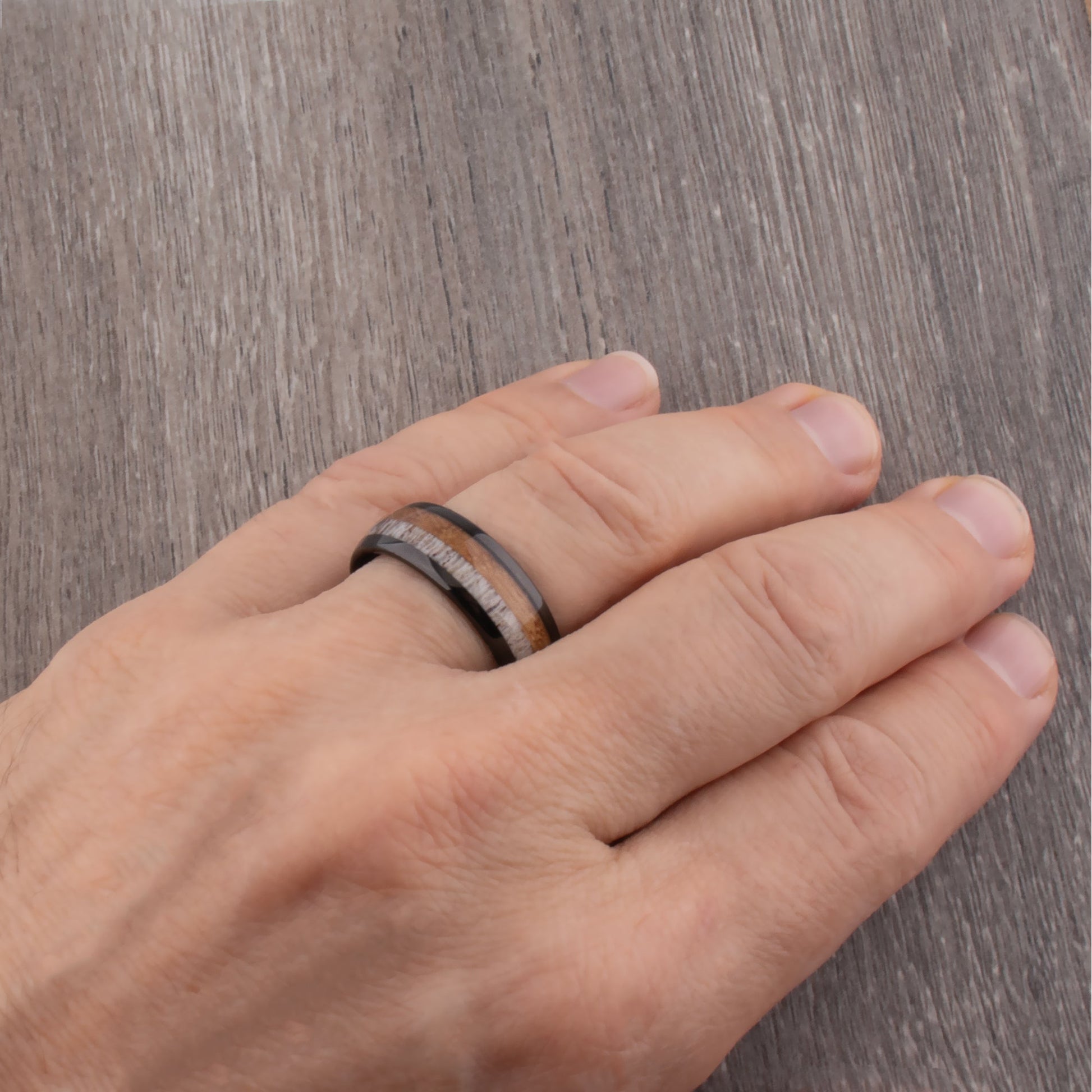 Black Tungsten Ring with Whiskey Barrel Wood and Deer Antler Inlay - 8mm Width