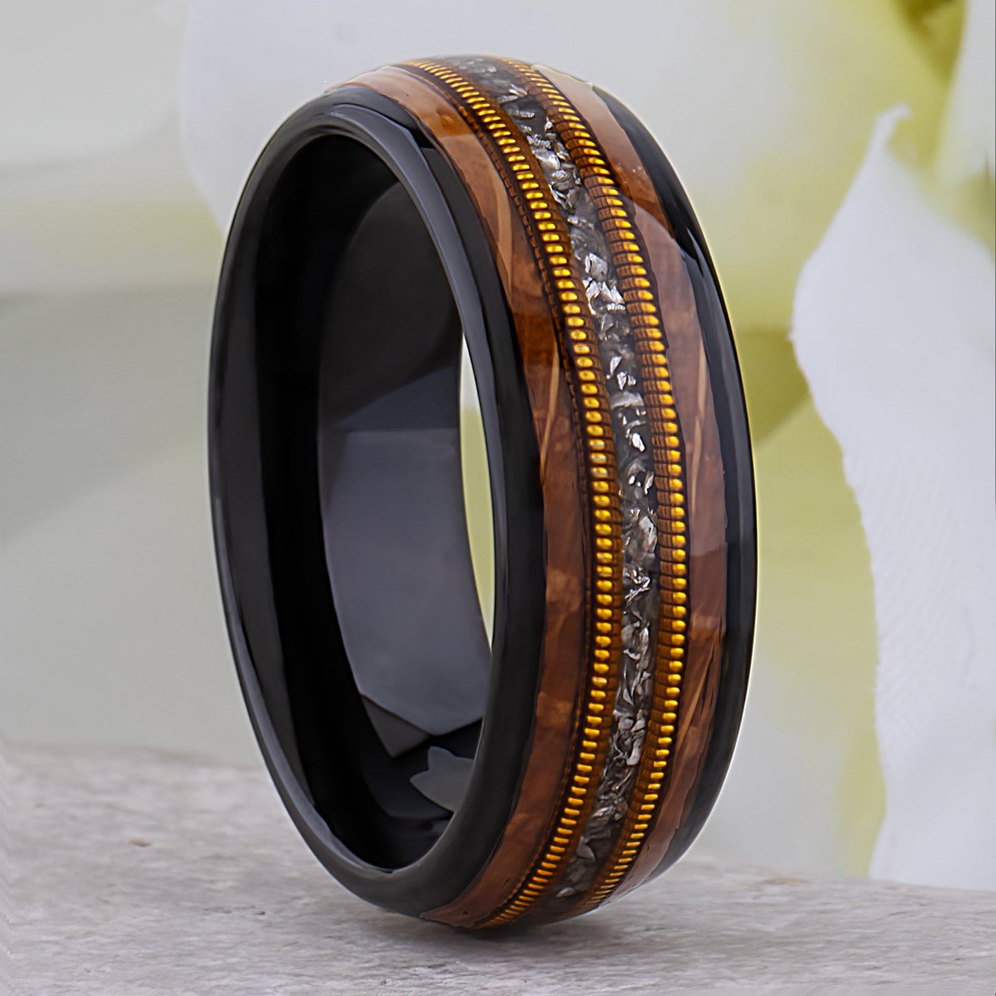 Black Tungsten Ring with Whiskey Barrel Wood, Meteorite and Guitar String - 8mm Width