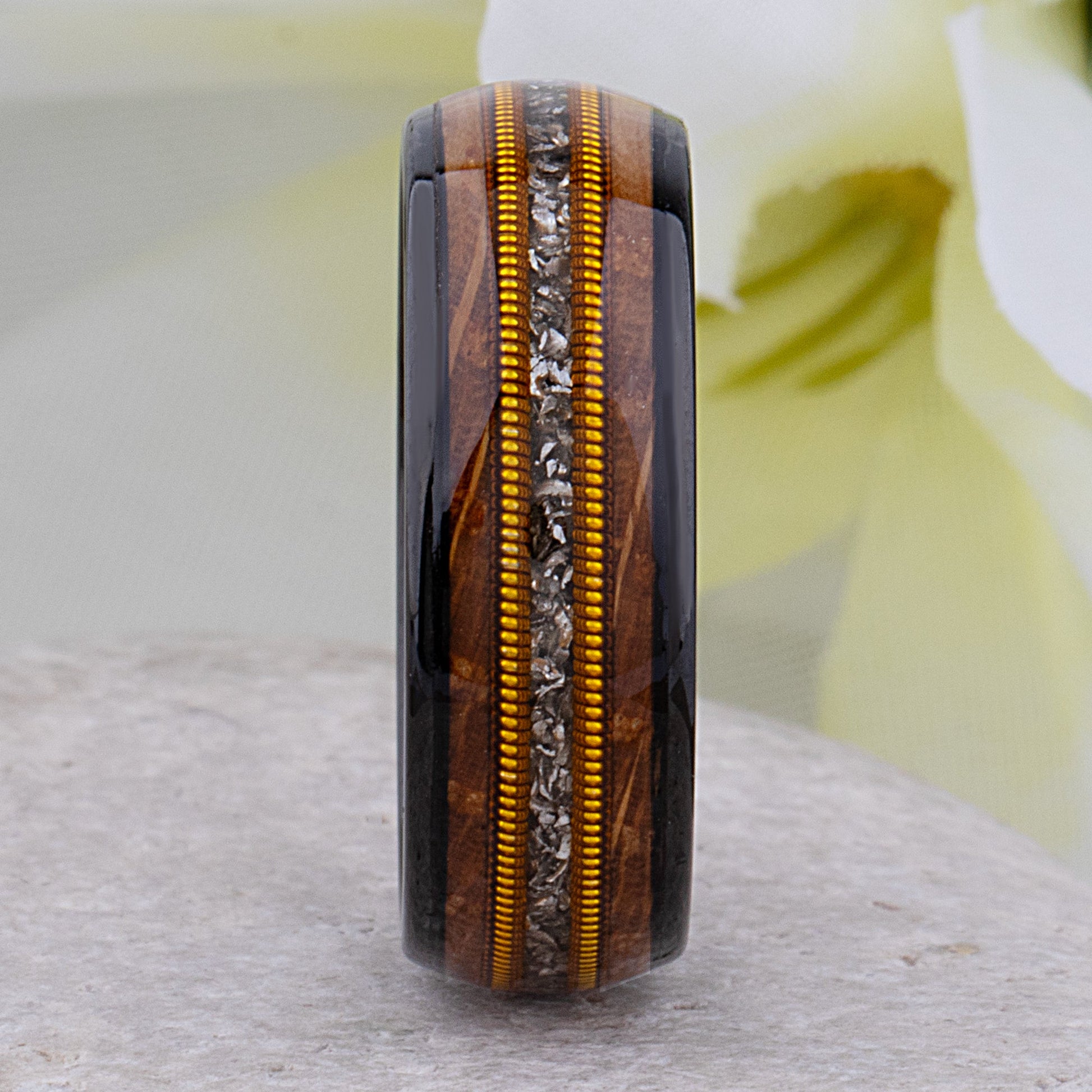 Black Tungsten Ring with Whiskey Barrel Wood, Meteorite and Guitar String - 8mm Width