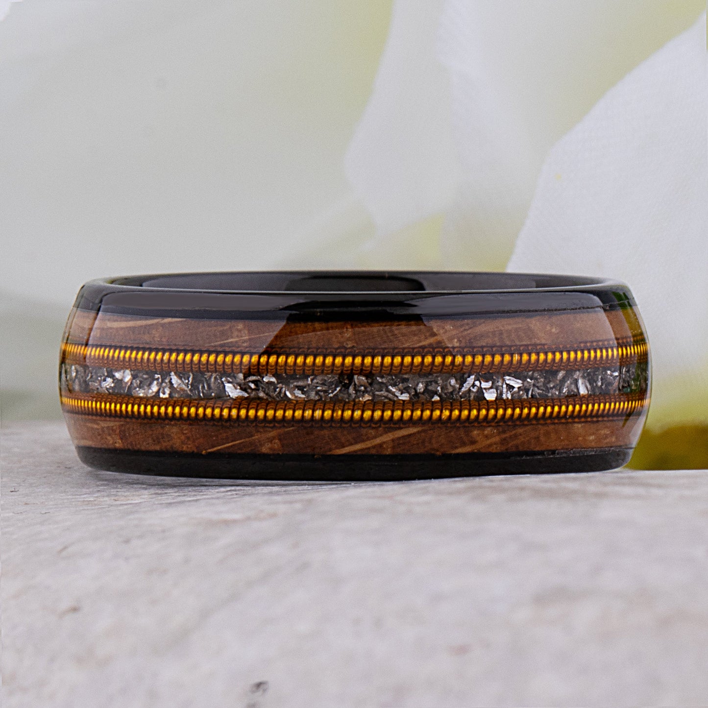 Black Tungsten Ring with Whiskey Barrel Wood, Meteorite and Guitar String - 8mm Width