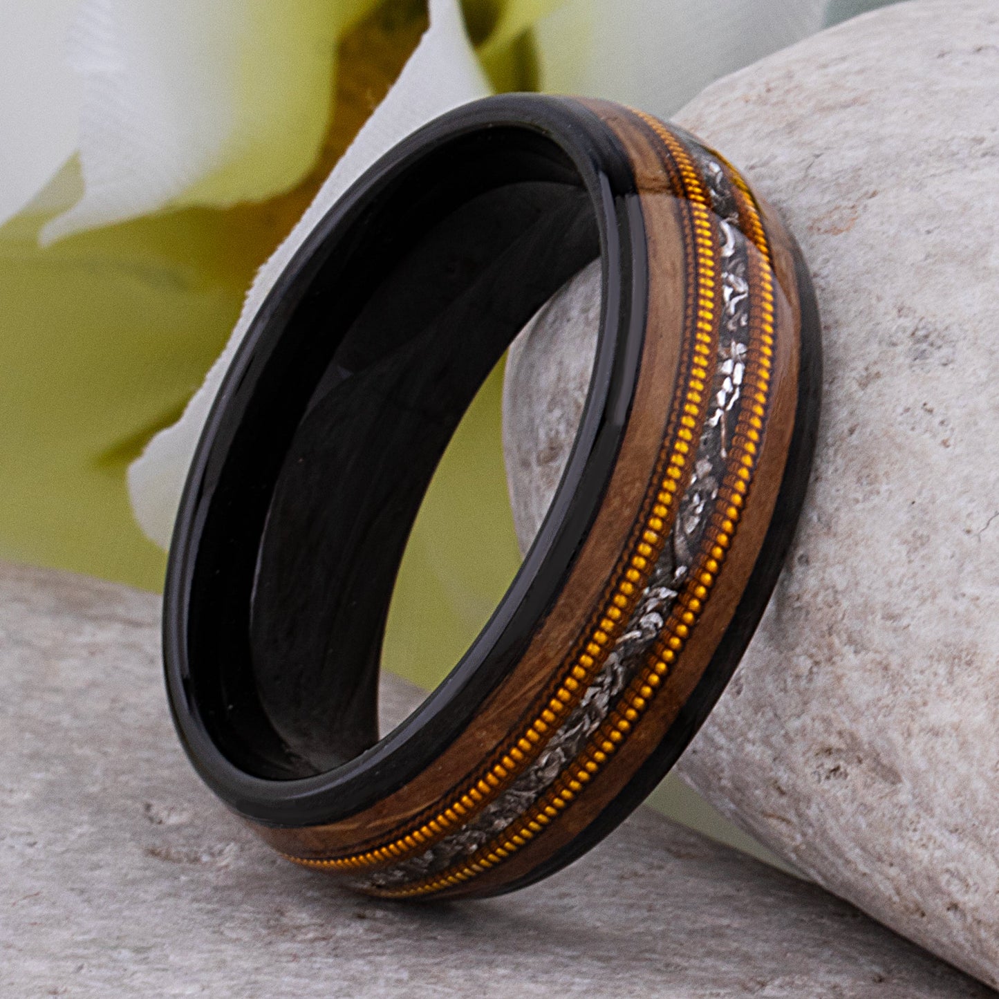Black Tungsten Ring with Whiskey Barrel Wood, Meteorite and Guitar String - 8mm Width