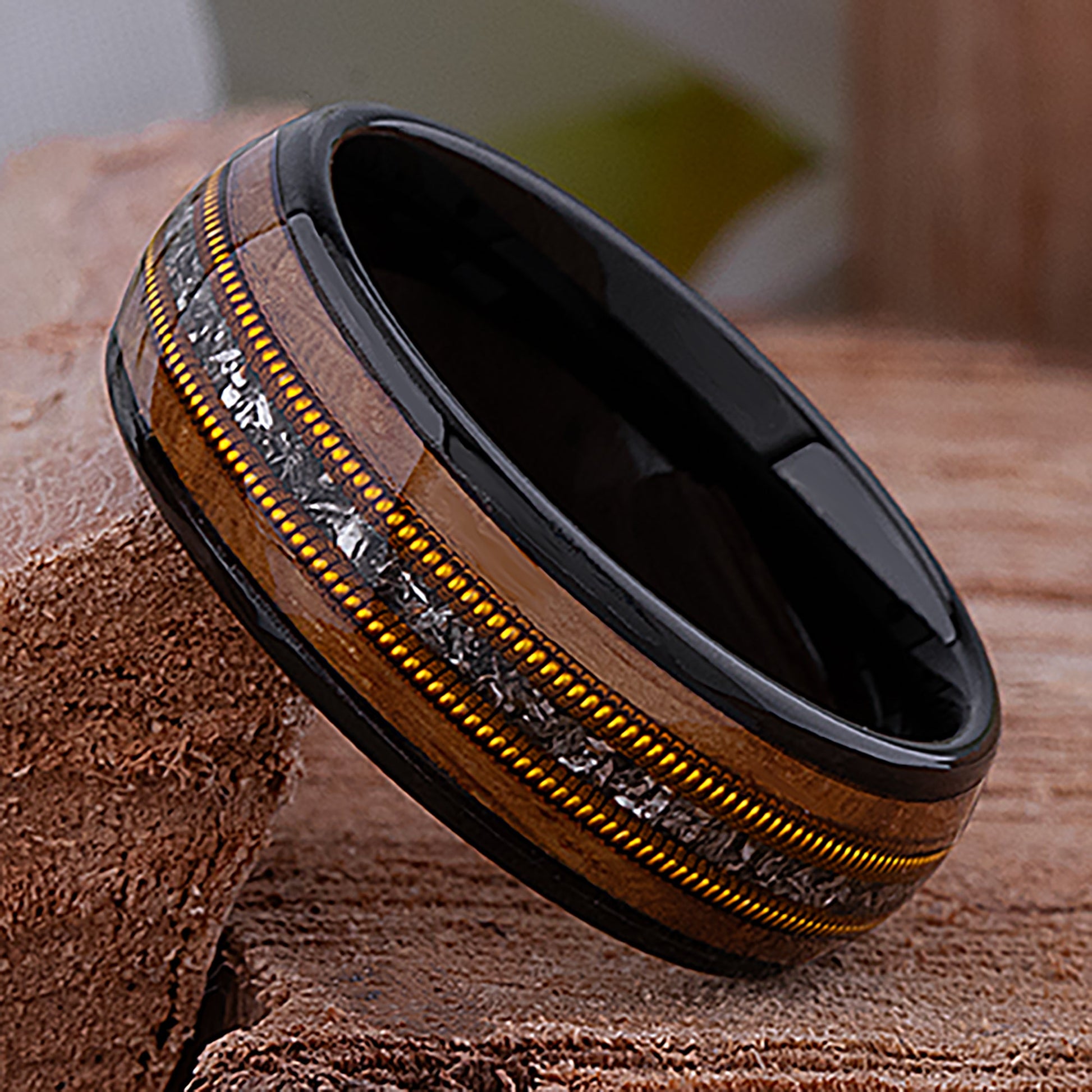 Black Tungsten Ring with Whiskey Barrel Wood, Meteorite and Guitar String - 8mm Width