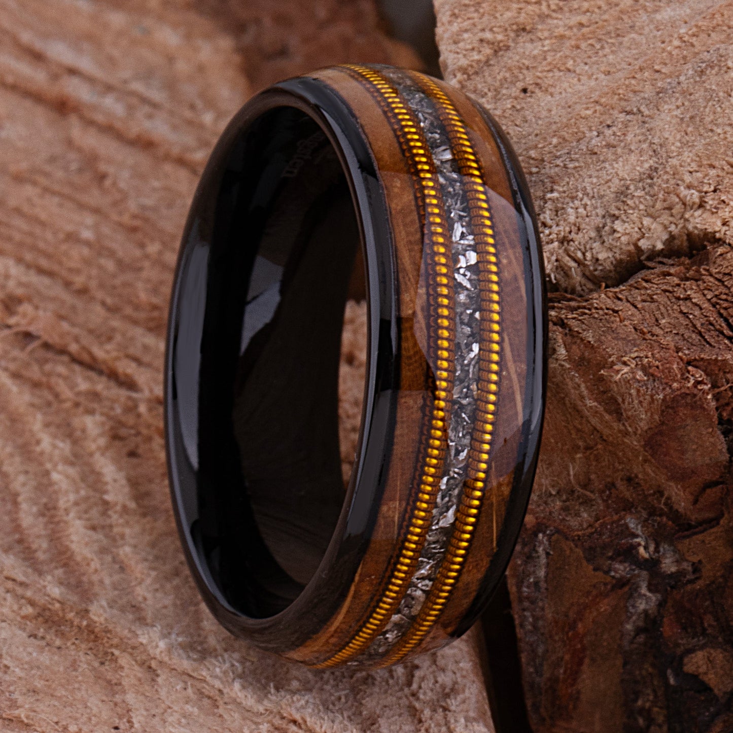 Black Tungsten Ring with Whiskey Barrel Wood, Meteorite and Guitar String - 8mm Width