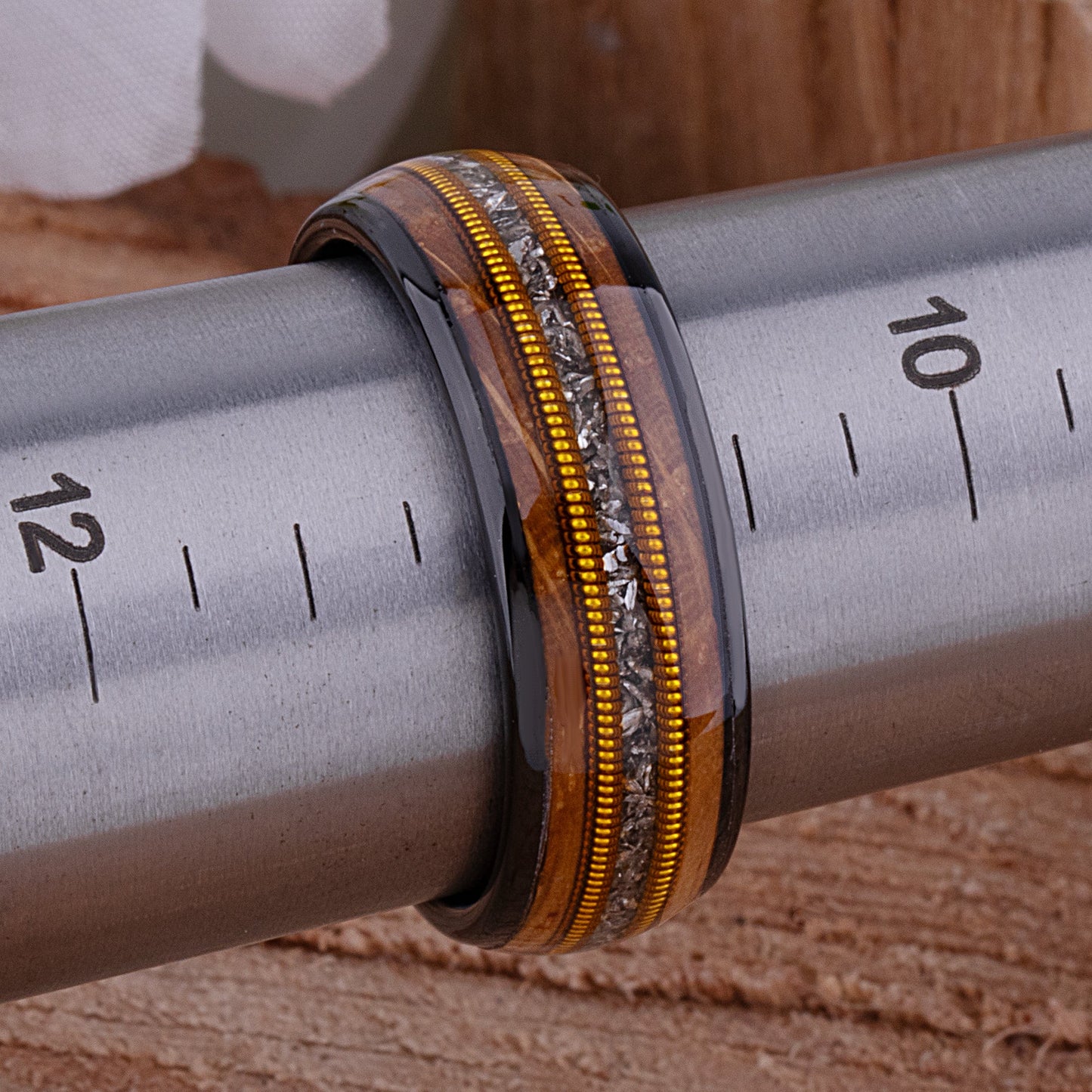 Black Tungsten Ring with Whiskey Barrel Wood, Meteorite and Guitar String - 8mm Width