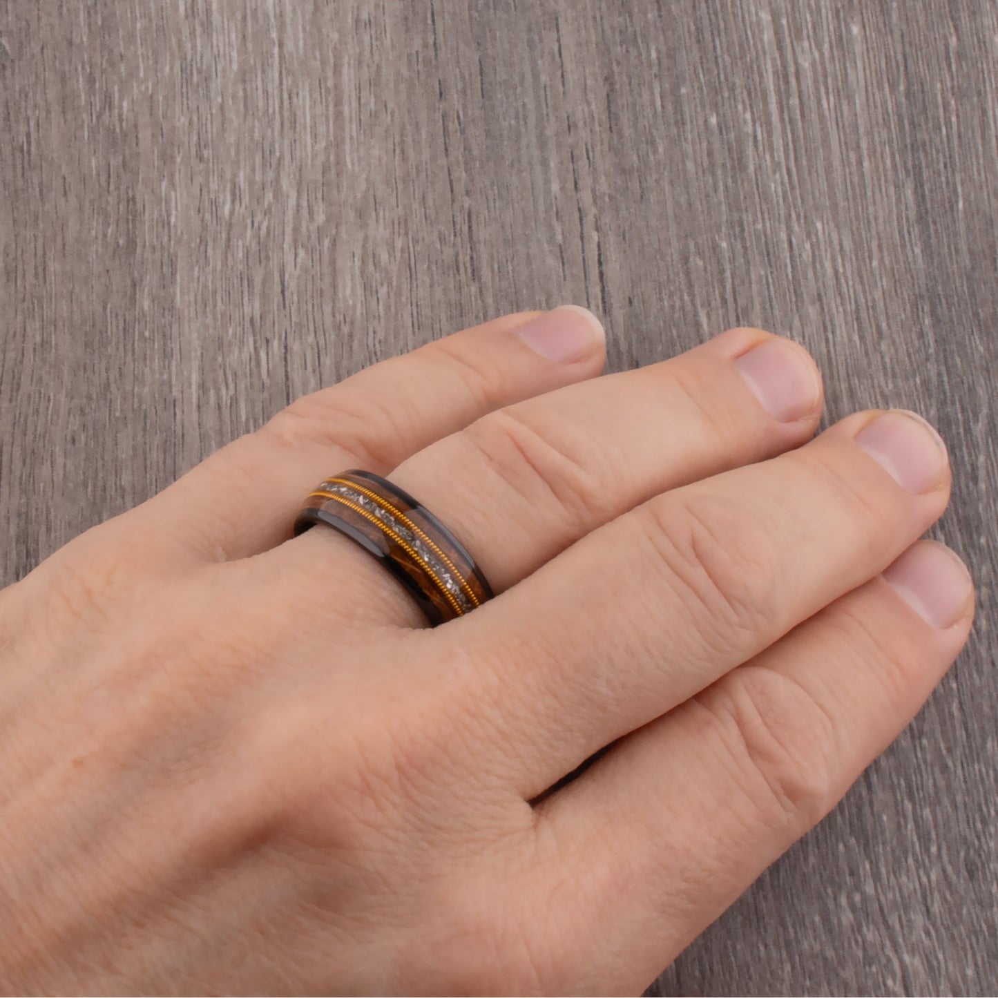 Black Tungsten Ring with Whiskey Barrel Wood, Meteorite and Guitar String - 8mm Width