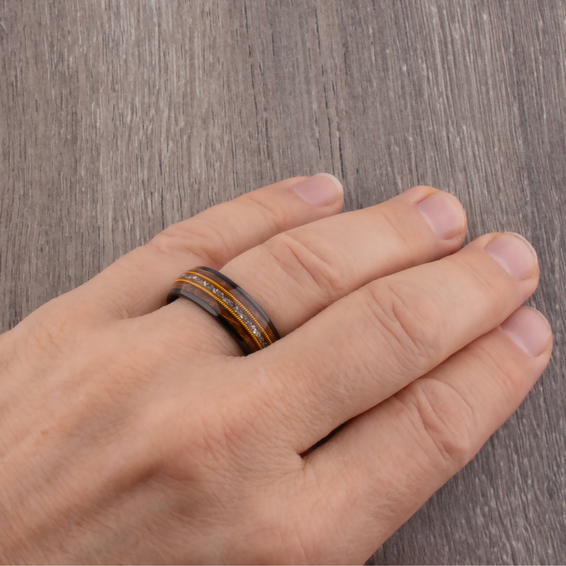 Black Tungsten Ring with Whiskey Barrel Wood, Meteorite and Guitar String - 8mm Width