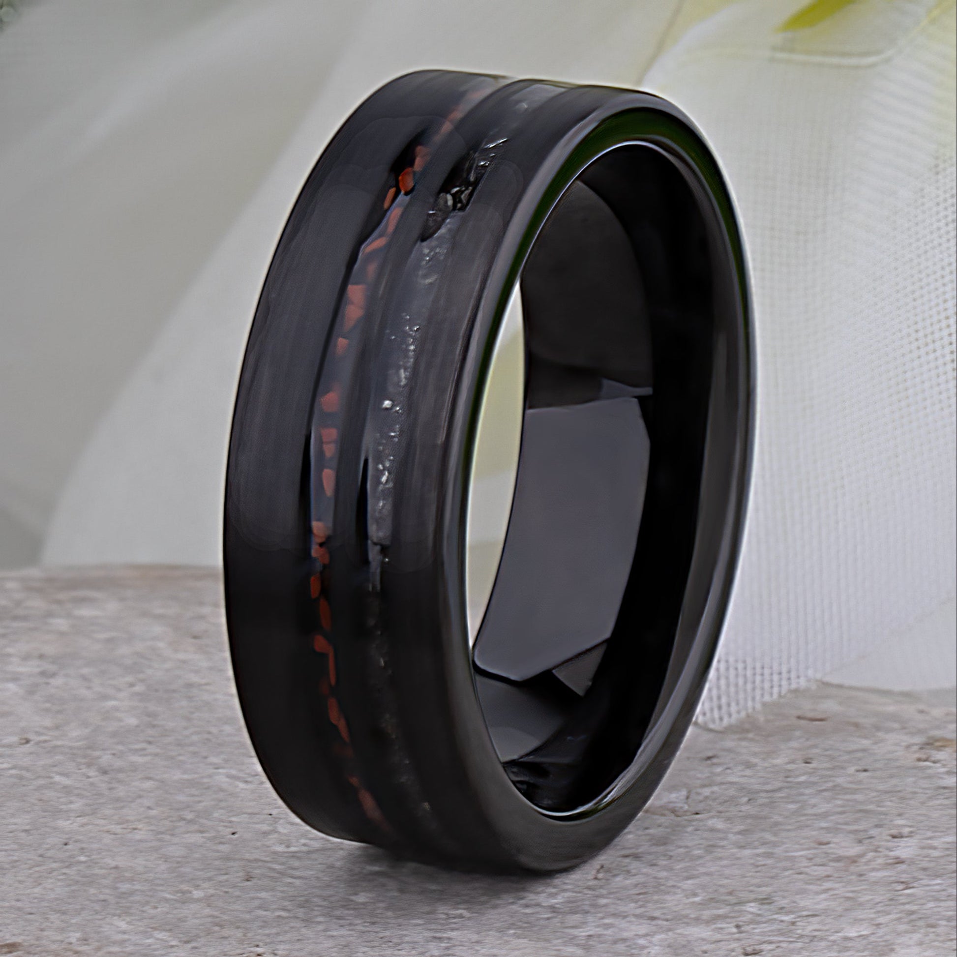 Dinosaur Bone and Meteorite Black Tungsten Wedding Band - 8mm Width