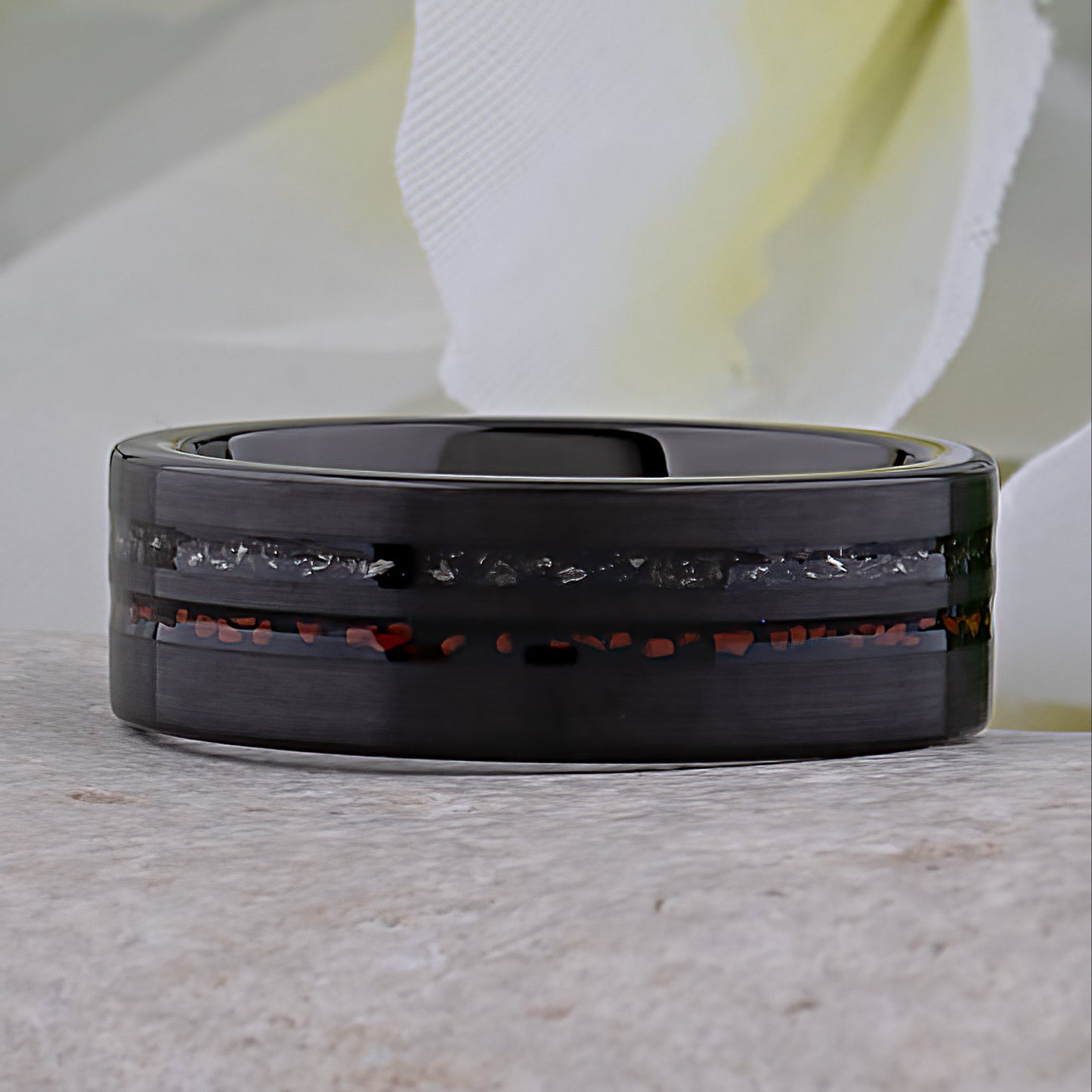 Dinosaur Bone and Meteorite Black Tungsten Wedding Band - 8mm Width