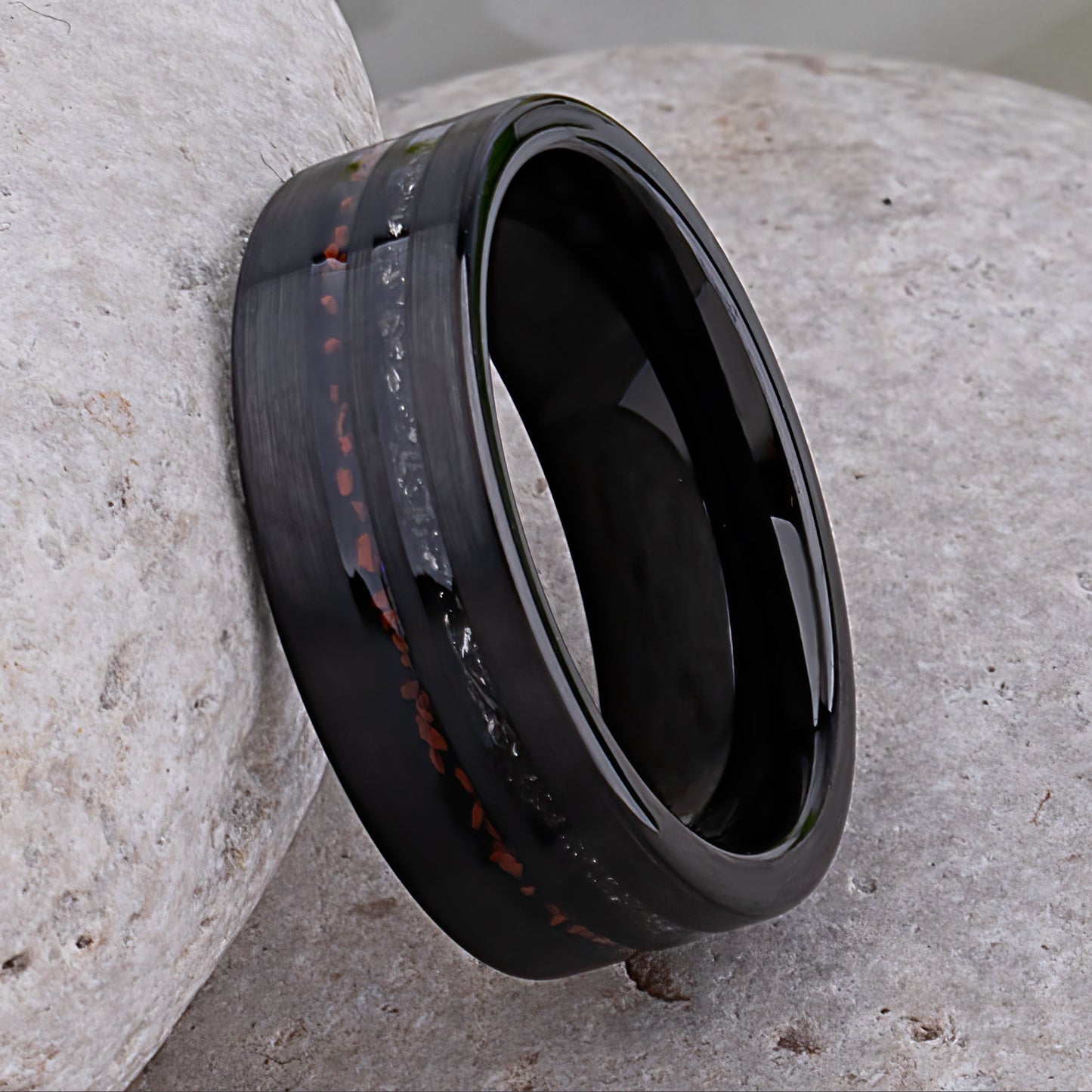 Dinosaur Bone and Meteorite Black Tungsten Wedding Band - 8mm Width