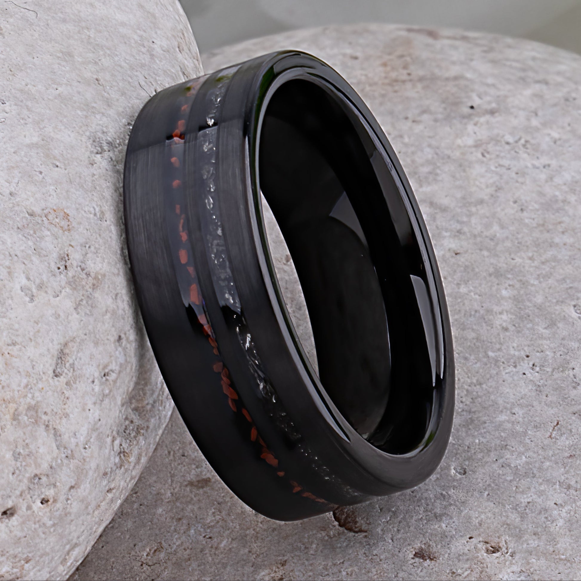 Dinosaur Bone and Meteorite Black Tungsten Wedding Band - 8mm Width
